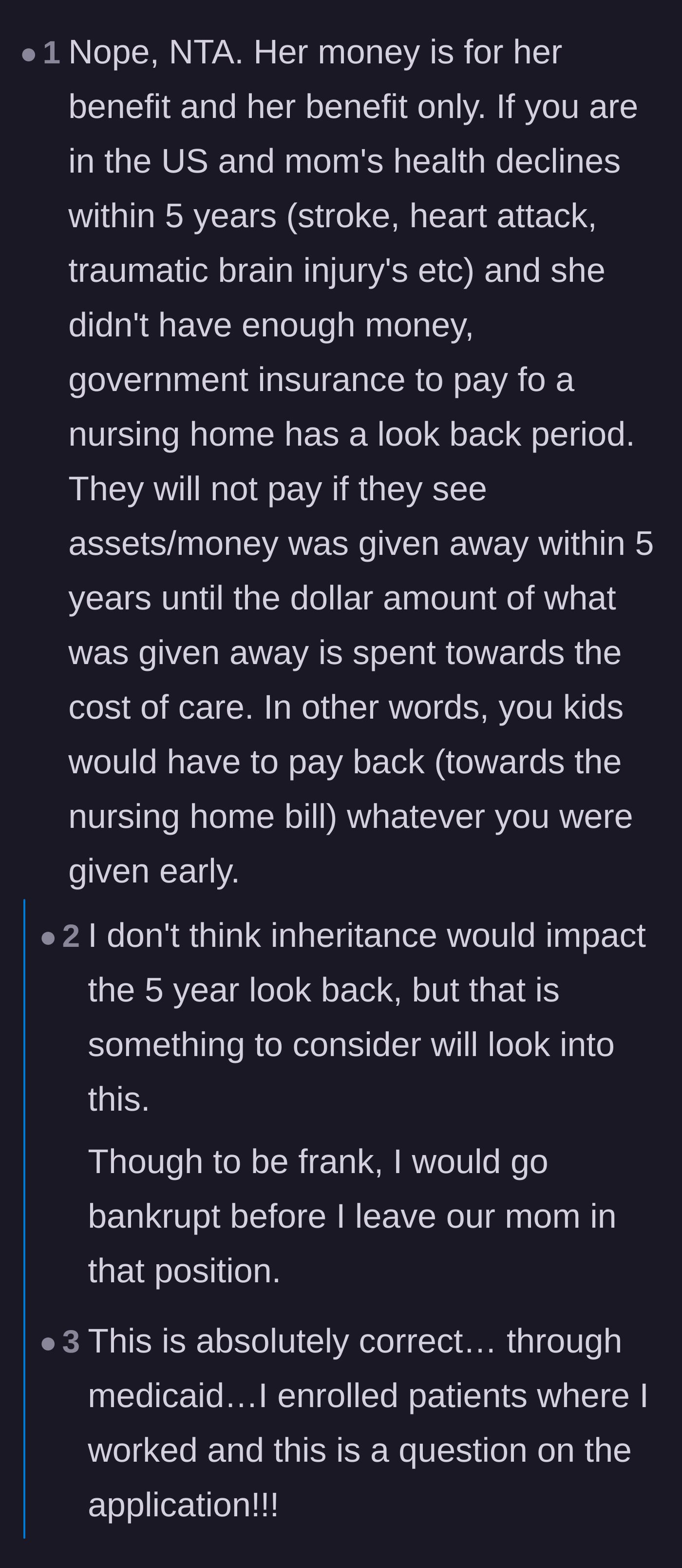 Comment thread 4 - A warning about the Medicaid five-year look-back period and nursing home costs.