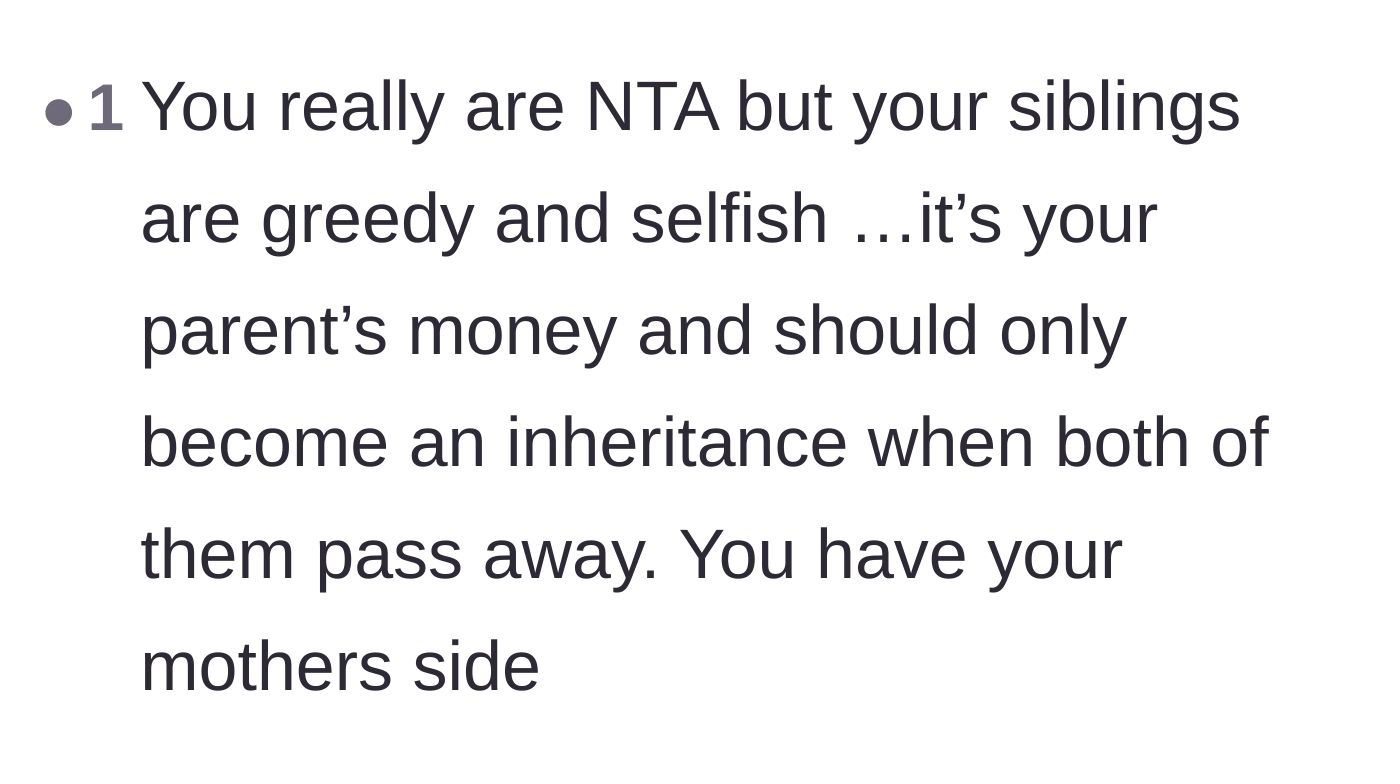 Comment thread 5 - A straightforward verdict calling the siblings selfish for demanding money before both parents pass.