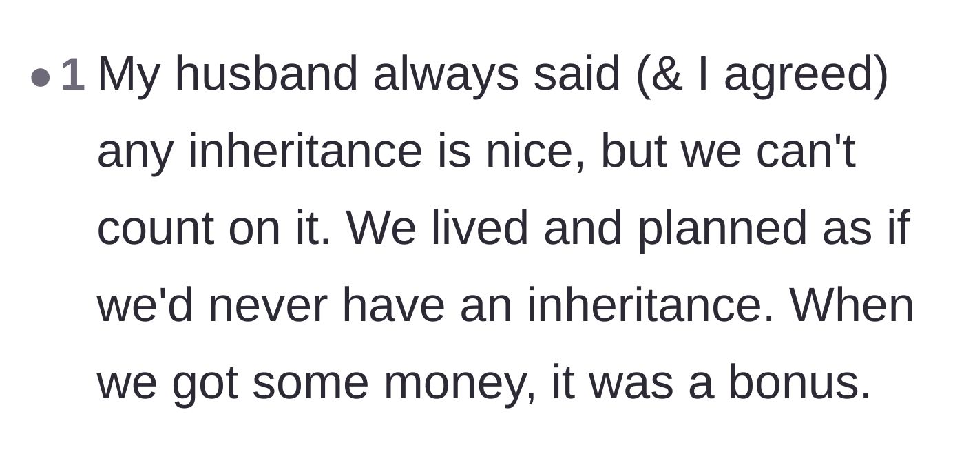 Comment thread 6 - Advice on living and budgeting without relying on a future inheritance.