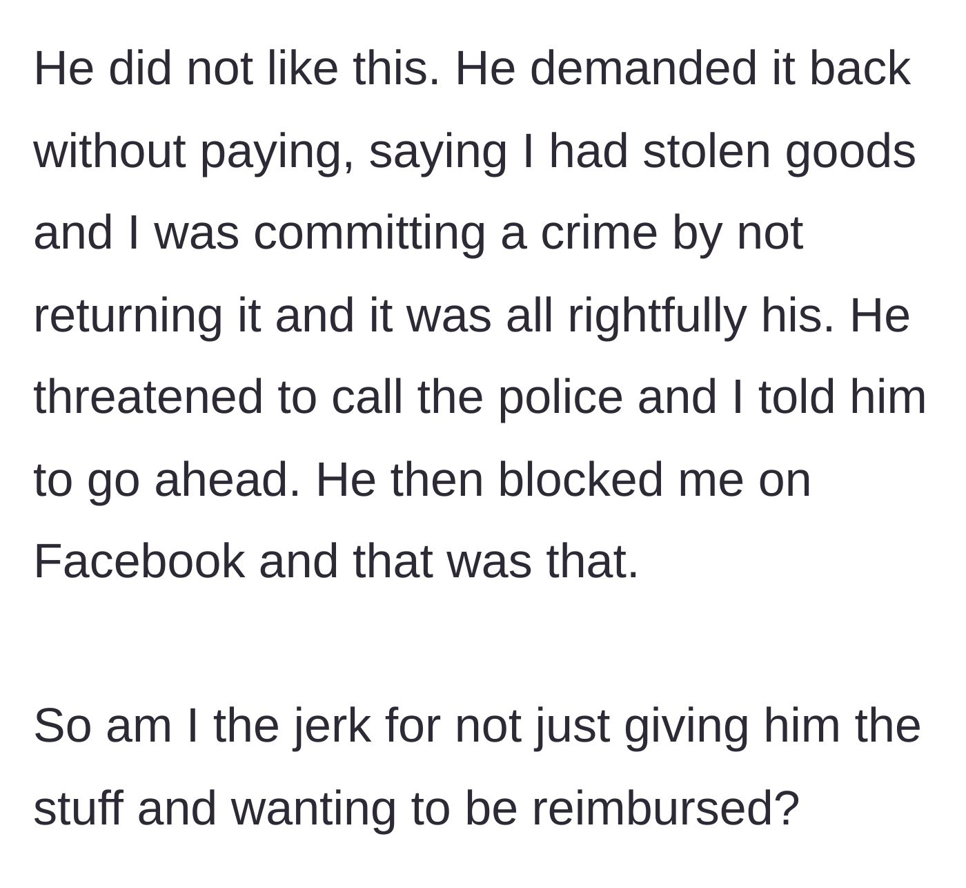Story part 4 - The owner demanding the gear for free, threatening the police, and blocking the buyer.