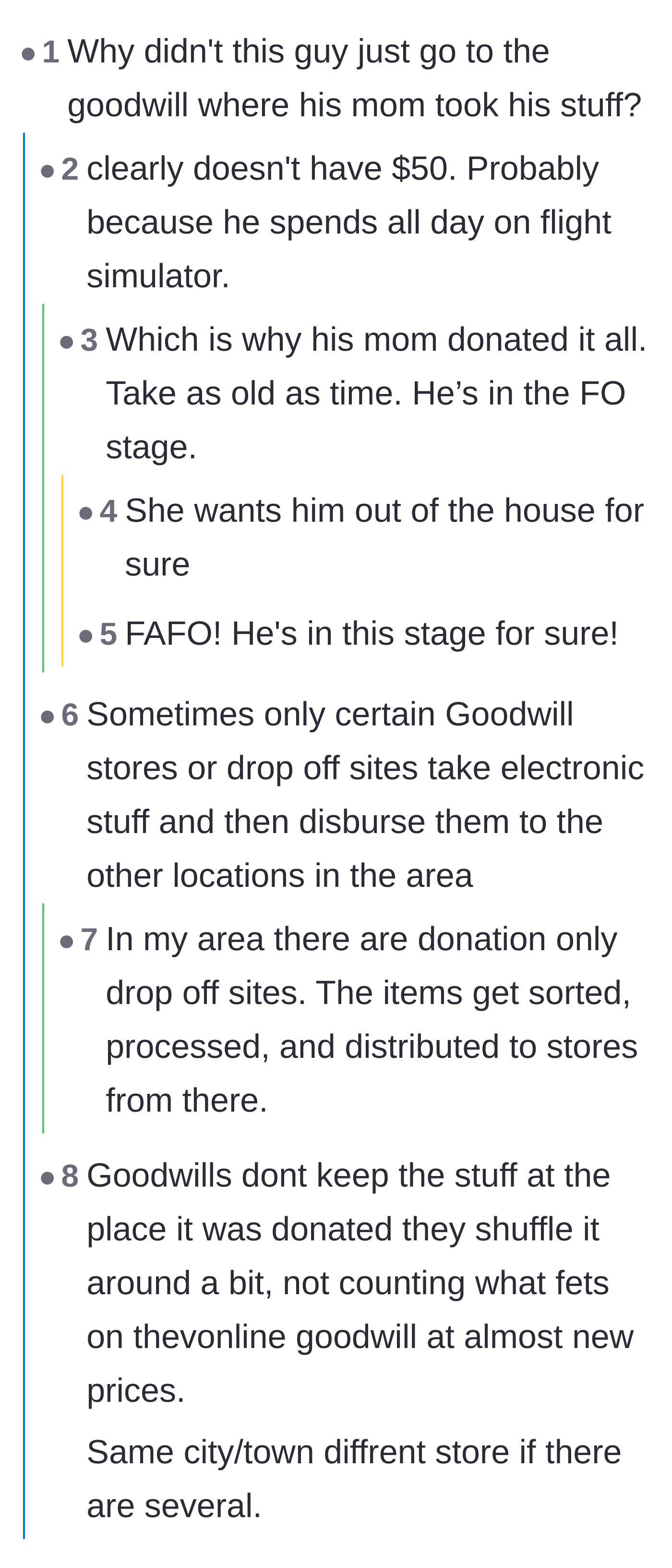 Comment thread 2 - Speculation that the mother intentionally donated the gear to get her son out of the house.