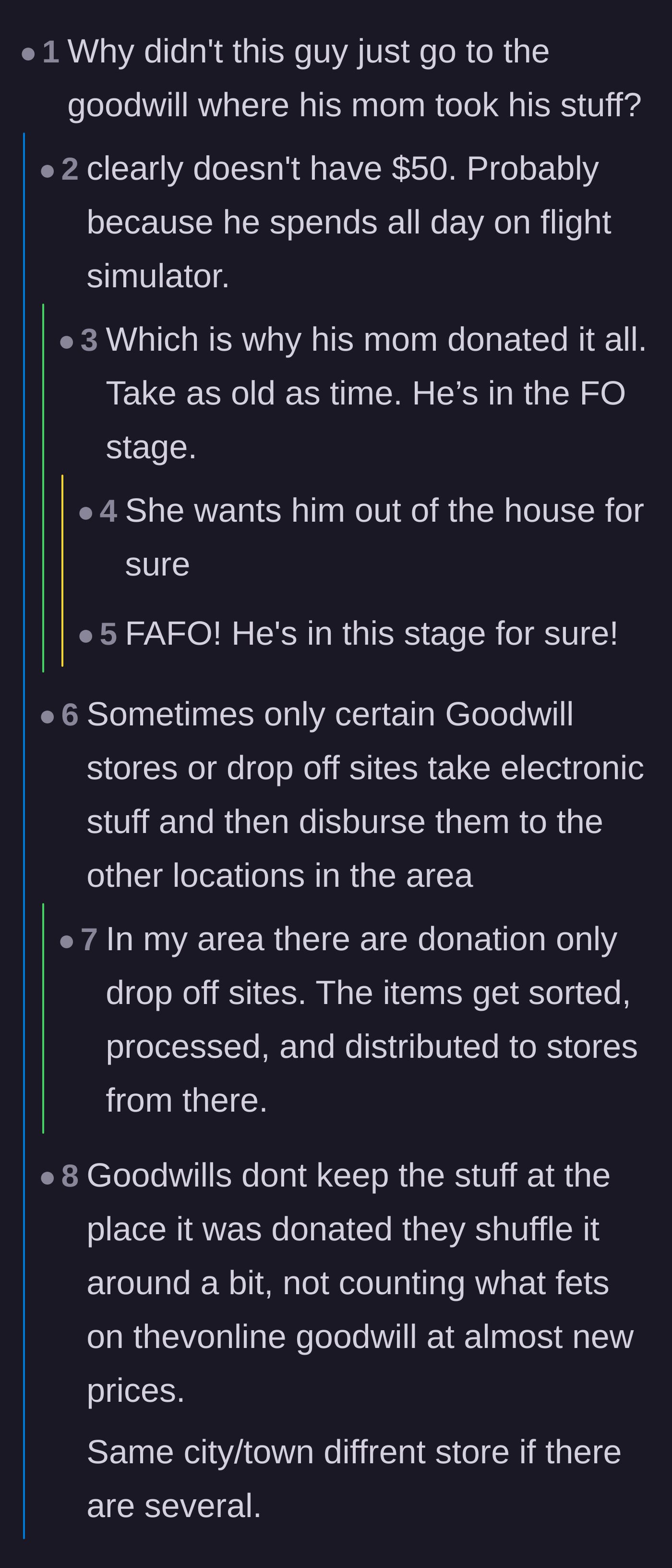 Comment thread 2 - Speculation that the mother intentionally donated the gear to get her son out of the house.