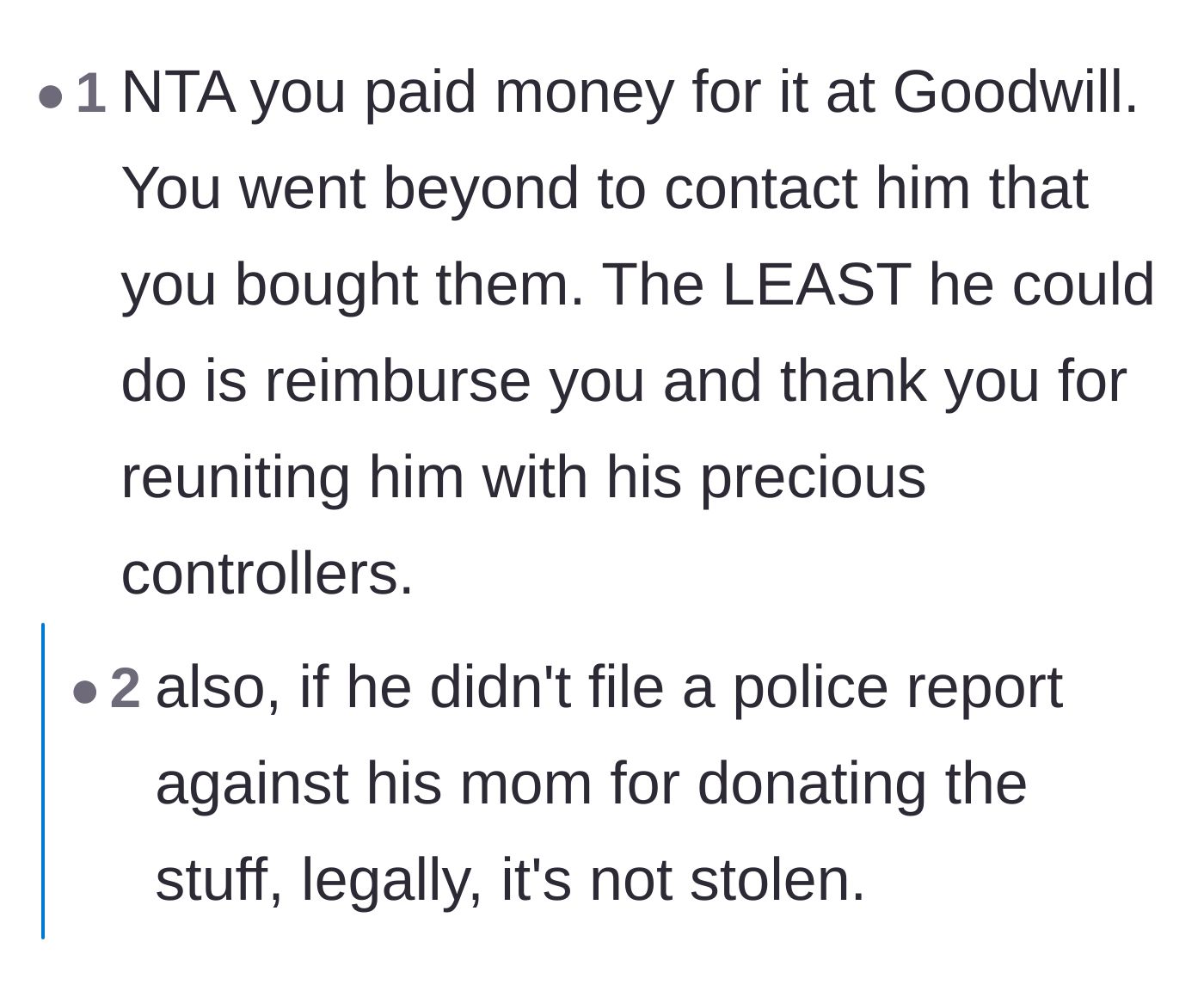 Comment thread 5 - Pointing out that without a police report against his mother, the items legally aren't stolen.