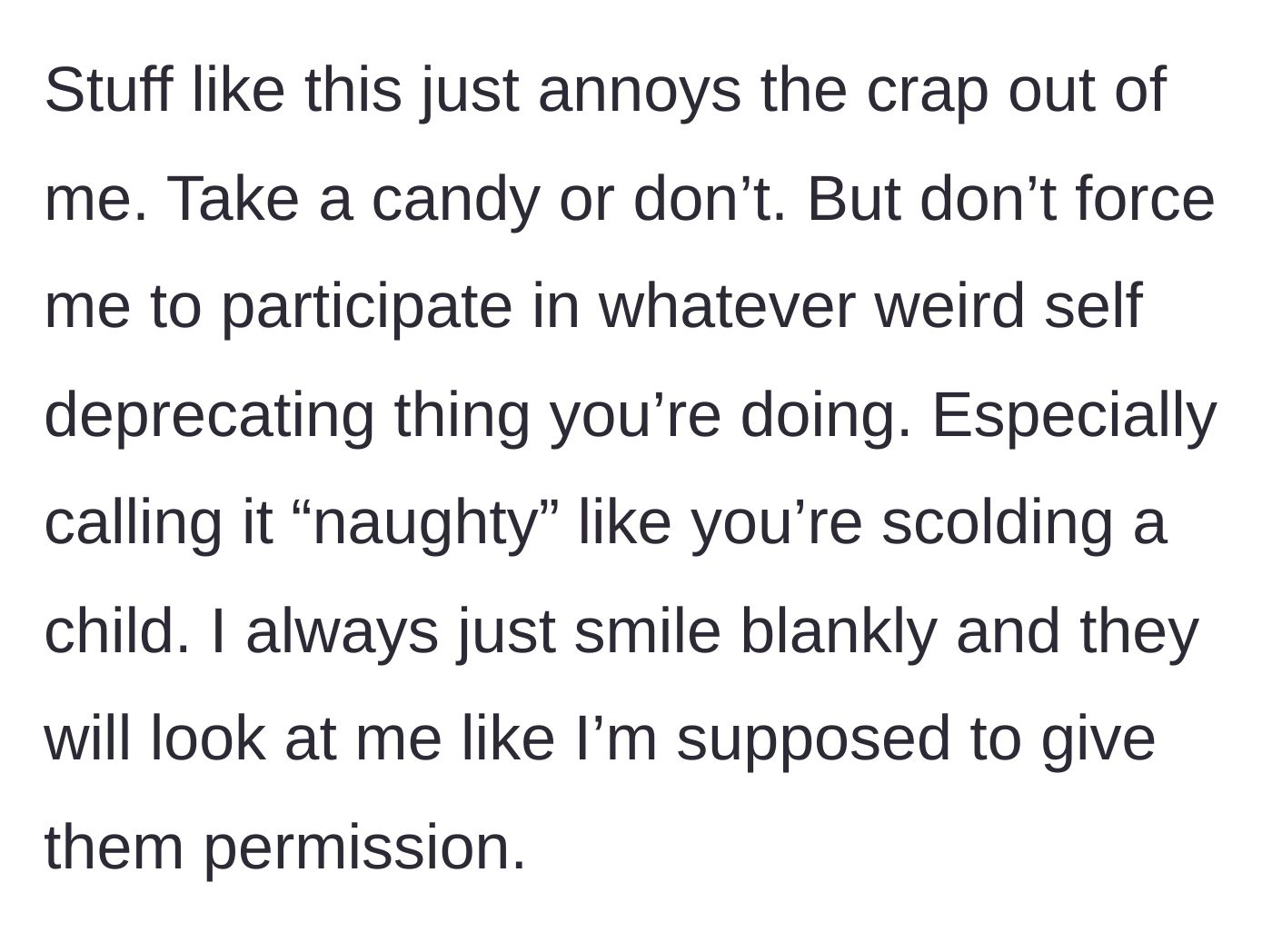 Story part 2 - An annoyed office worker staring blankly as a coworker fusses over a piece of candy.