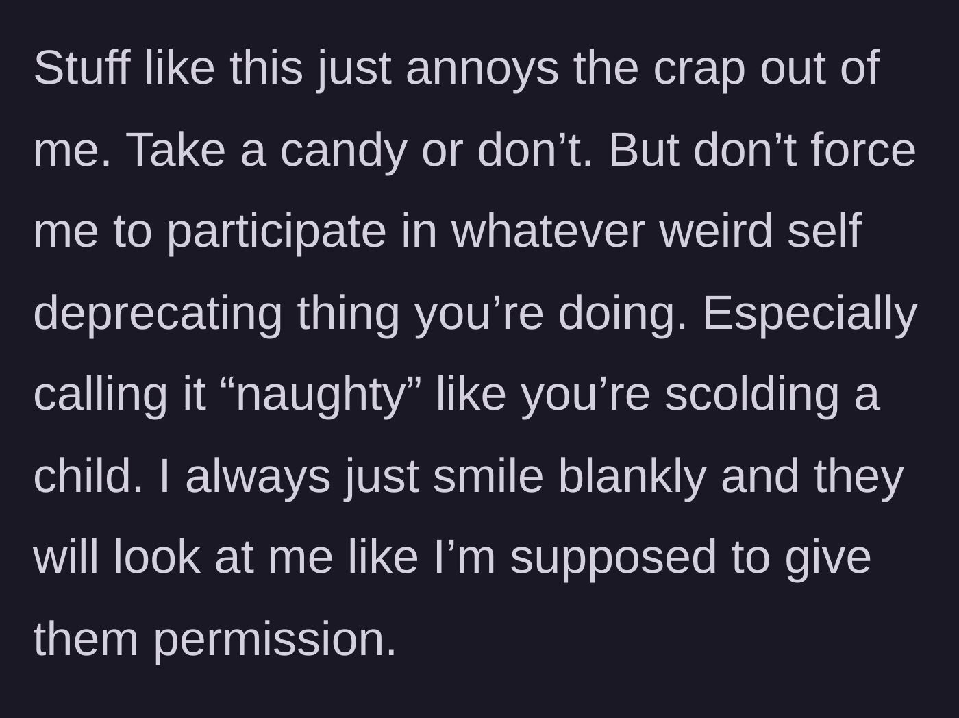 Story part 2 - An annoyed office worker staring blankly as a coworker fusses over a piece of candy.