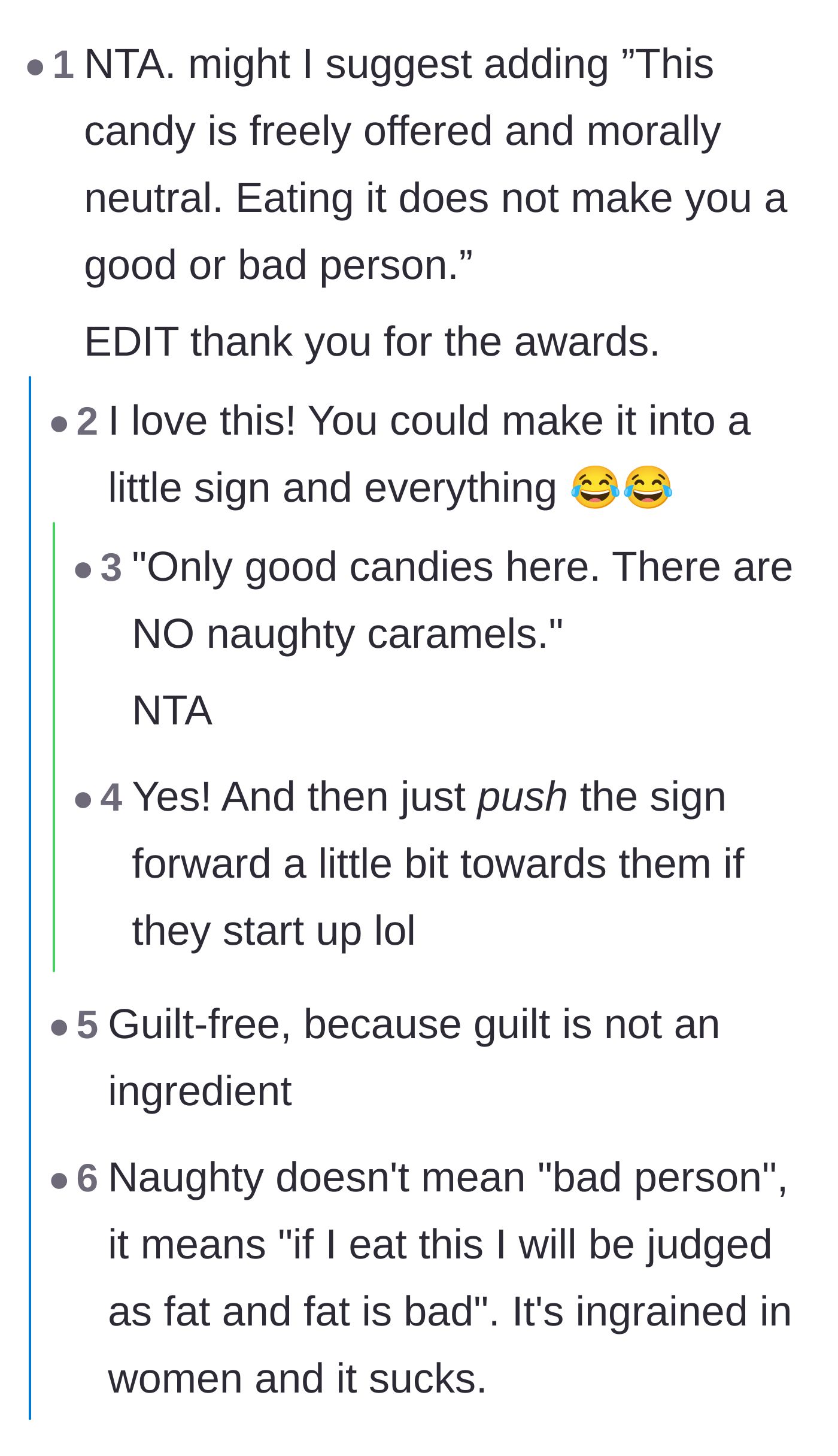Comment thread 1 - Suggesting a 'morally neutral' sign for the candy dish and venting about diet culture exhaustion.