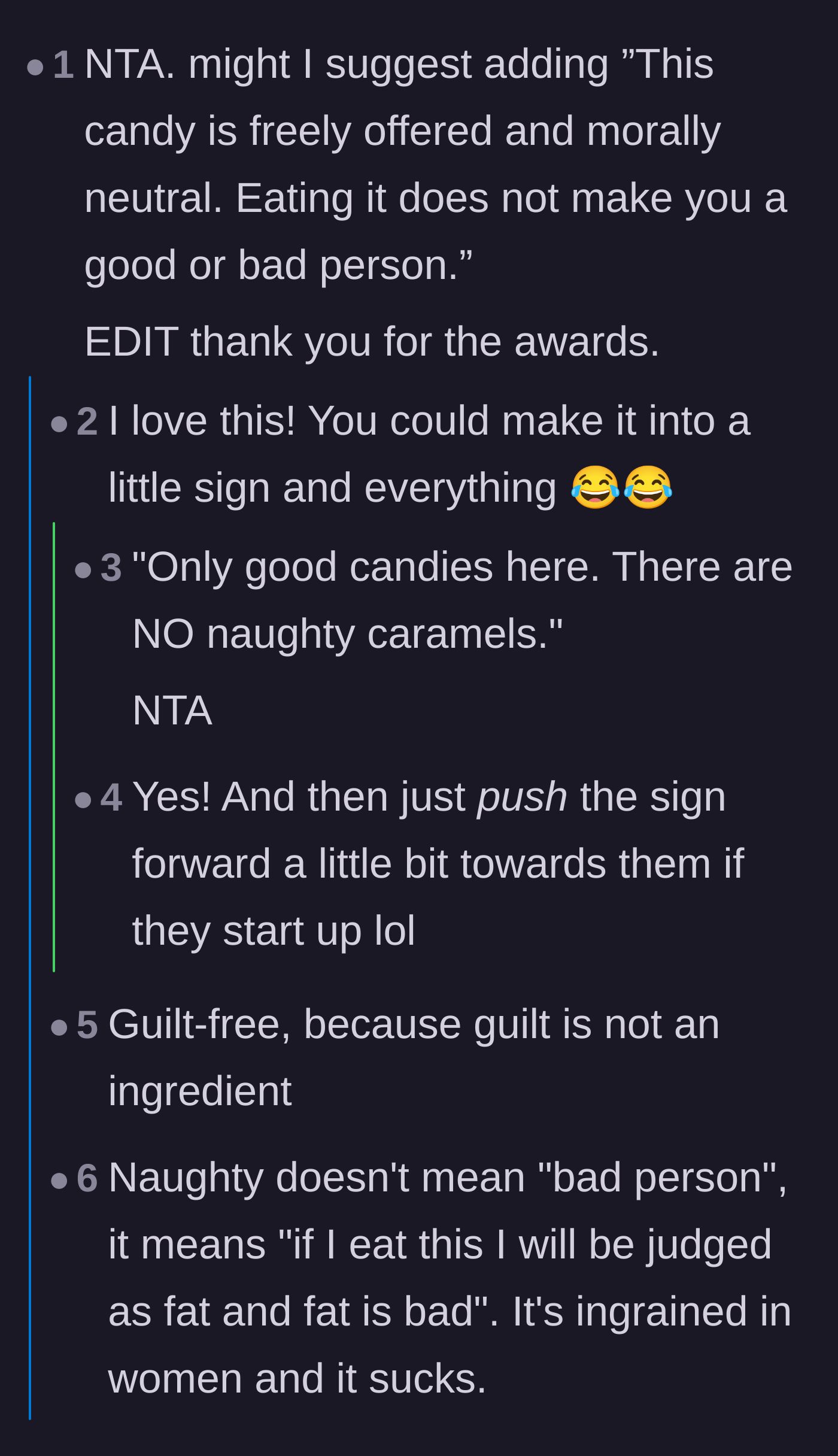 Comment thread 1 - Suggesting a 'morally neutral' sign for the candy dish and venting about diet culture exhaustion.