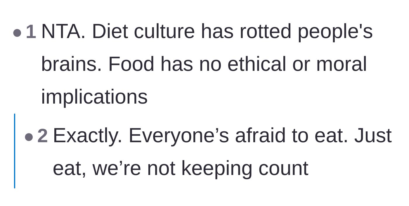 Comment thread 3 - A blunt statement about how toxic diet culture has completely warped our relationship with food.