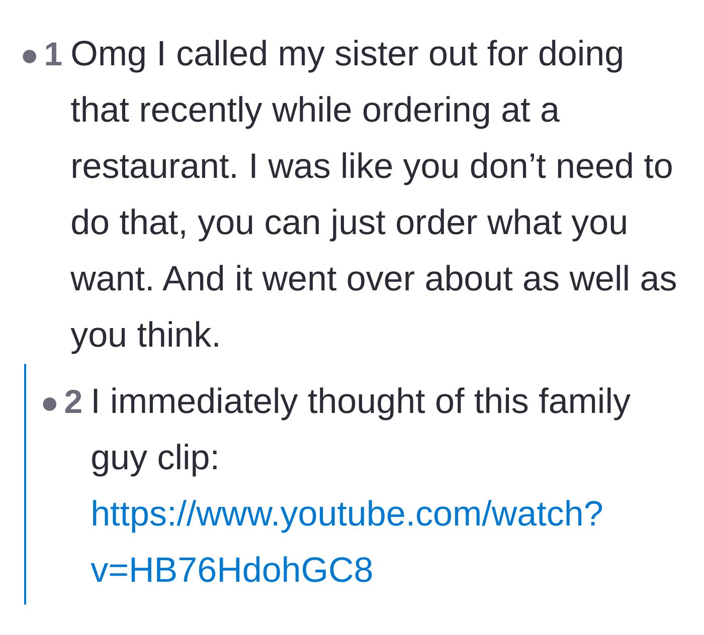 Comment thread 4 - A personal story of shutting down toxic food commentary to protect a teenage daughter at a family dinner.