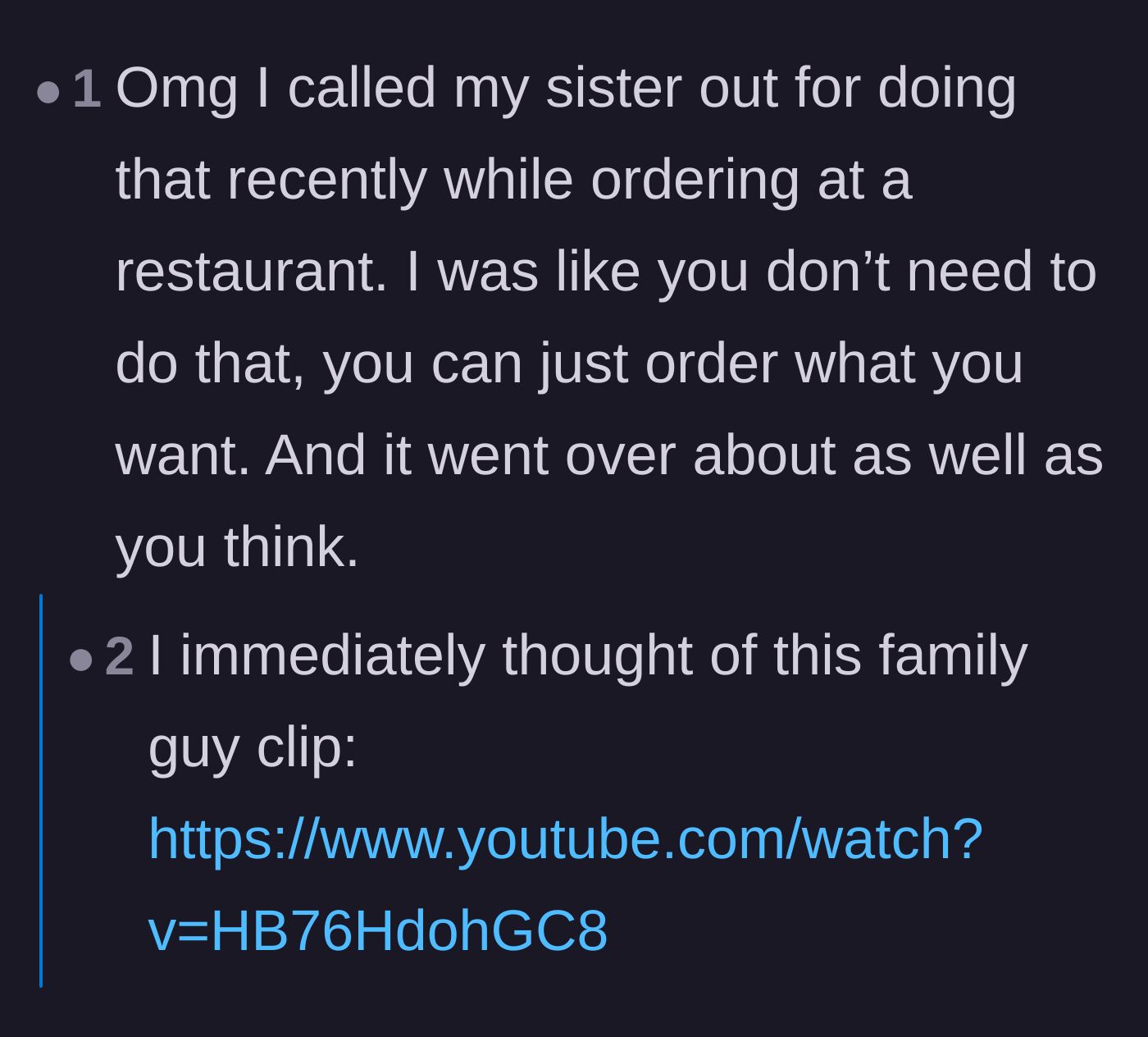 Comment thread 4 - A personal story of shutting down toxic food commentary to protect a teenage daughter at a family dinner.