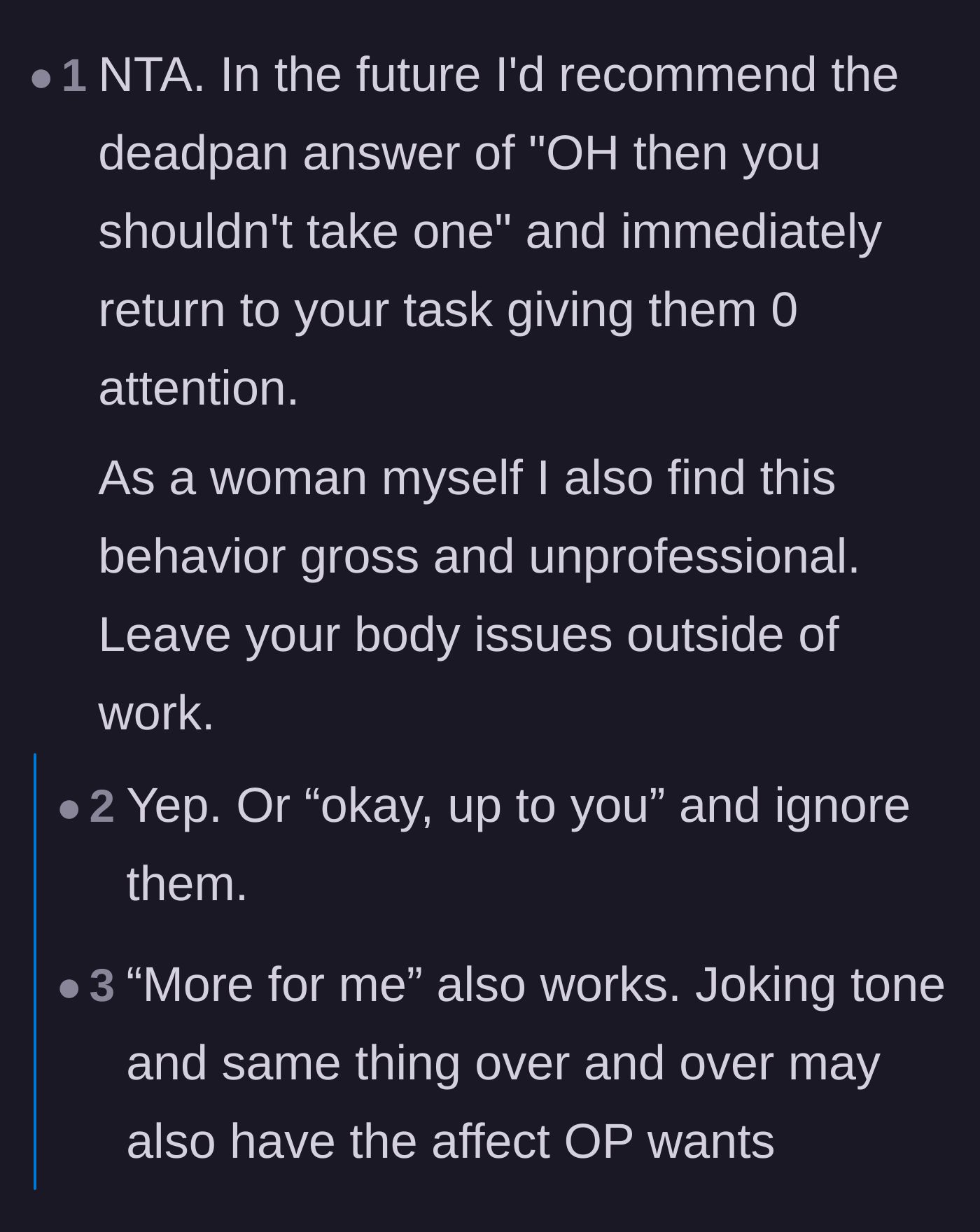 Comment thread 5 - Practical advice on using the 'grey rock' method to shut down the performance by simply agreeing they shouldn't take the candy.