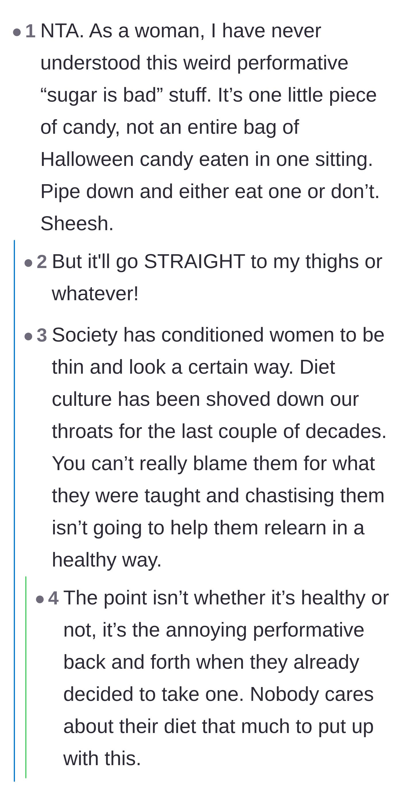 Comment thread 6 - Frustration with the performative nature of the 'sugar is bad' routine and a debate on societal conditioning.
