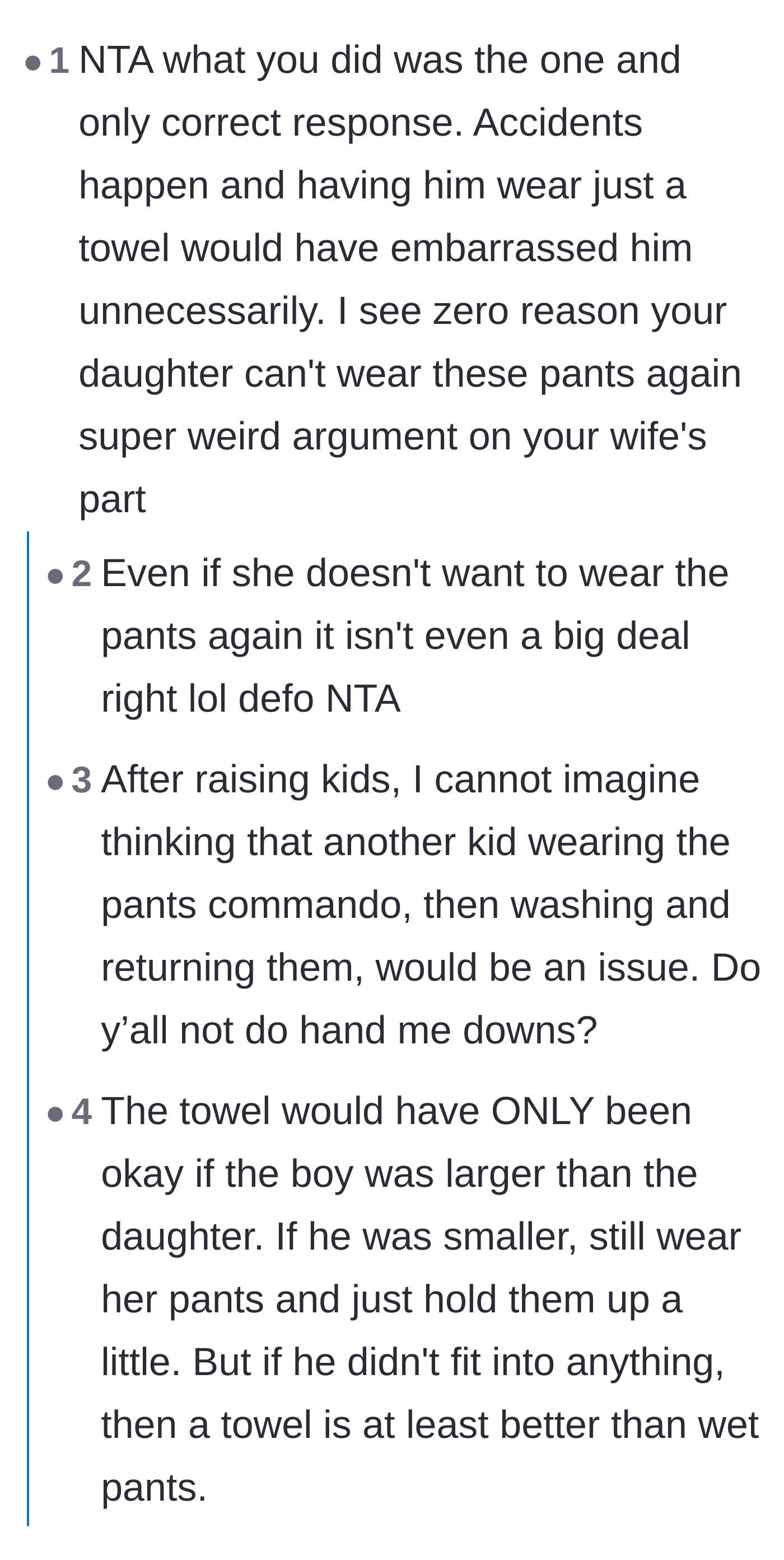 Comment thread 2 - Discussion on how washing machines work and the daughter likely giving away pants she dislikes.