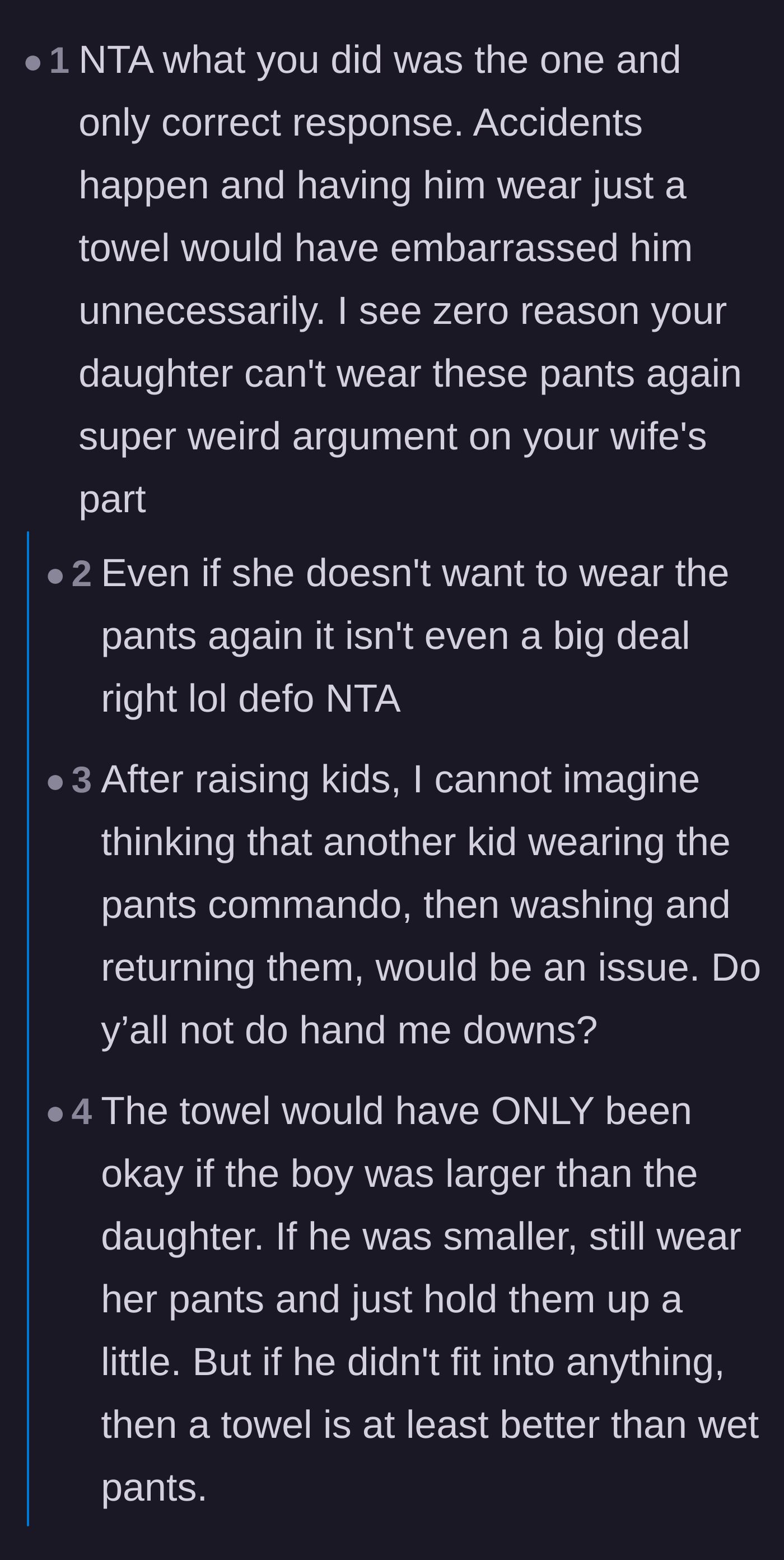 Comment thread 2 - Discussion on how washing machines work and the daughter likely giving away pants she dislikes.