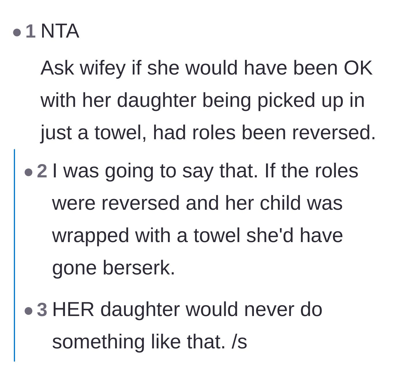 Comment thread 5 - Debating whether the wife would accept her own daughter being sent home in a towel.