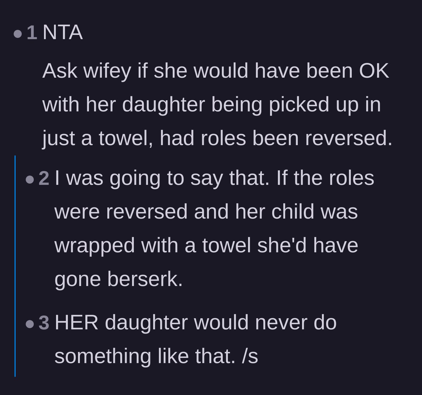 Comment thread 5 - Debating whether the wife would accept her own daughter being sent home in a towel.