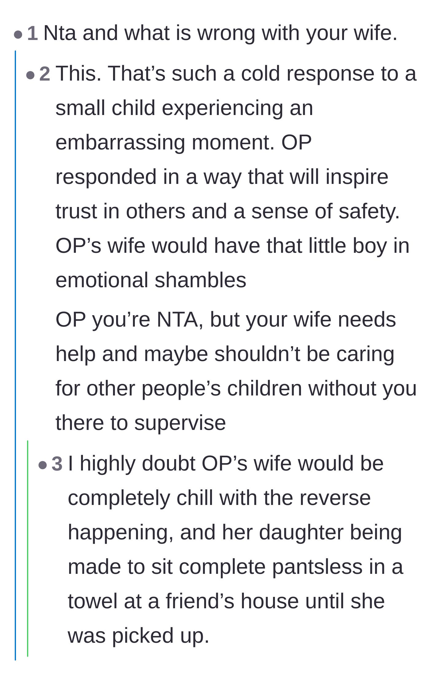 Comment thread 6 - Sharing personal stories about the shame of childhood accidents and praising the dad's kindness.