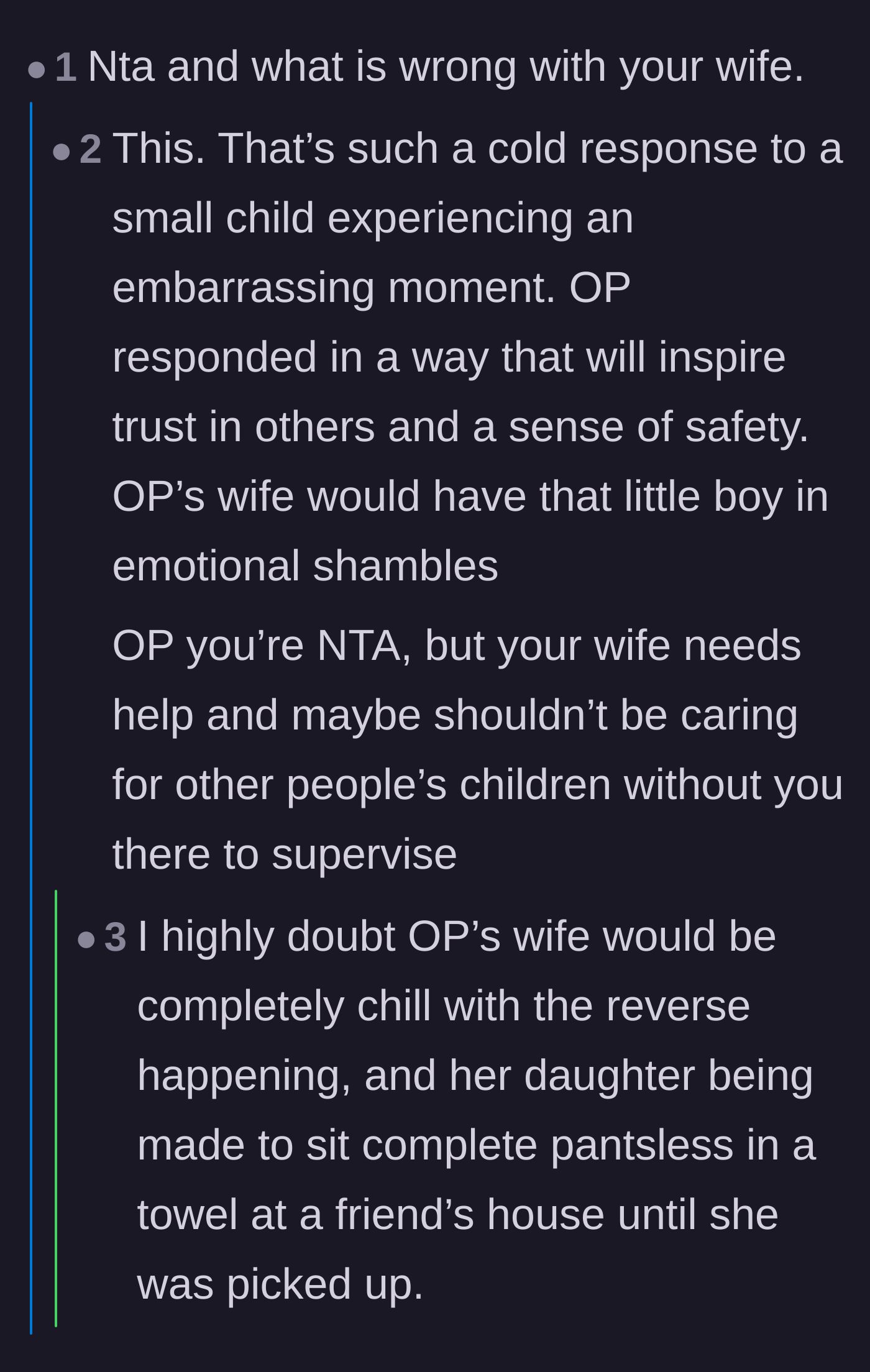 Comment thread 6 - Sharing personal stories about the shame of childhood accidents and praising the dad's kindness.