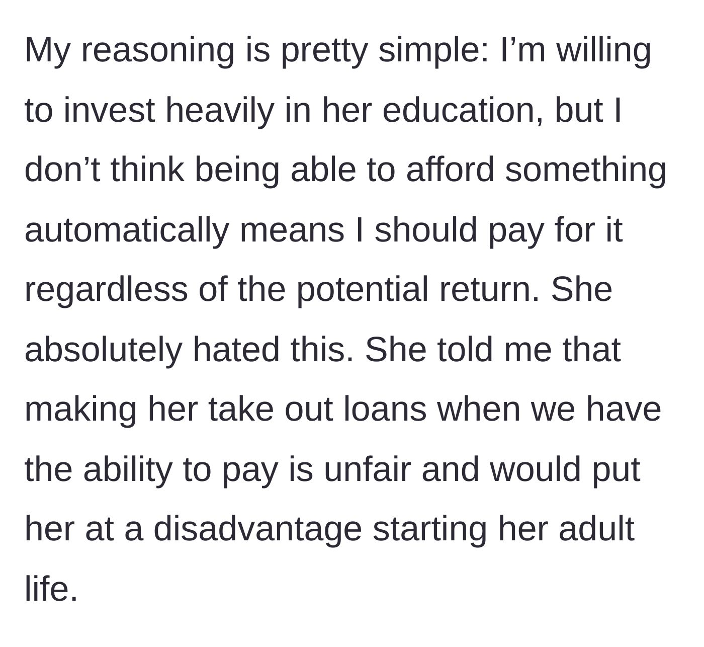 Story part 4 - Daughter complains that taking loans is unfair when parents can afford it.