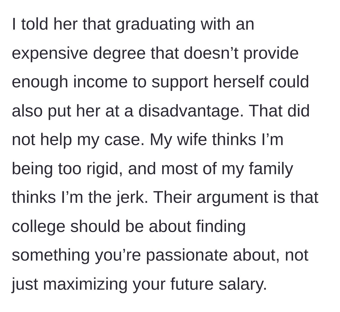 Story part 5 - Dad argues debt is worse, but wife and family call him a jerk.