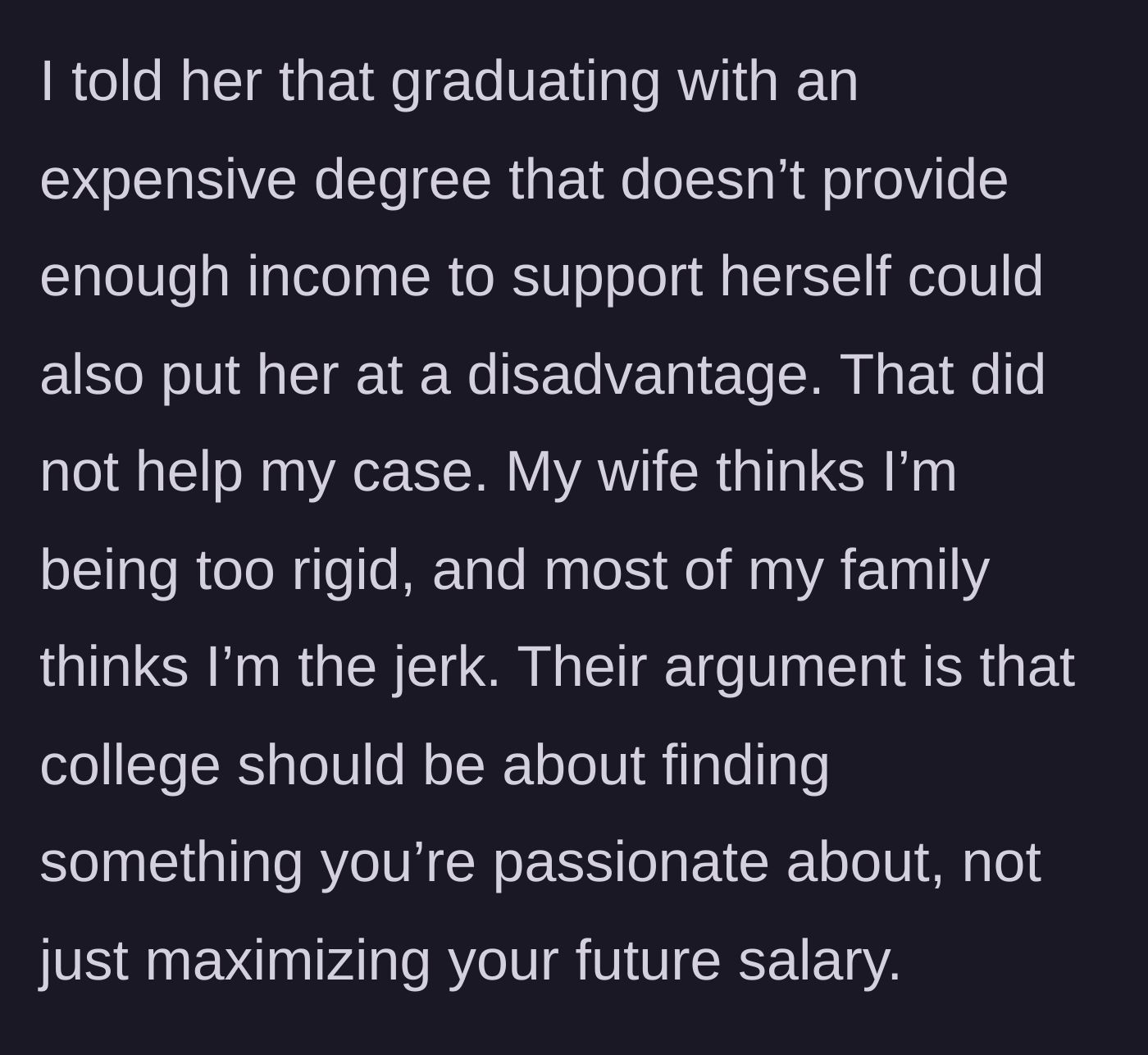 Story part 5 - Dad argues debt is worse, but wife and family call him a jerk.