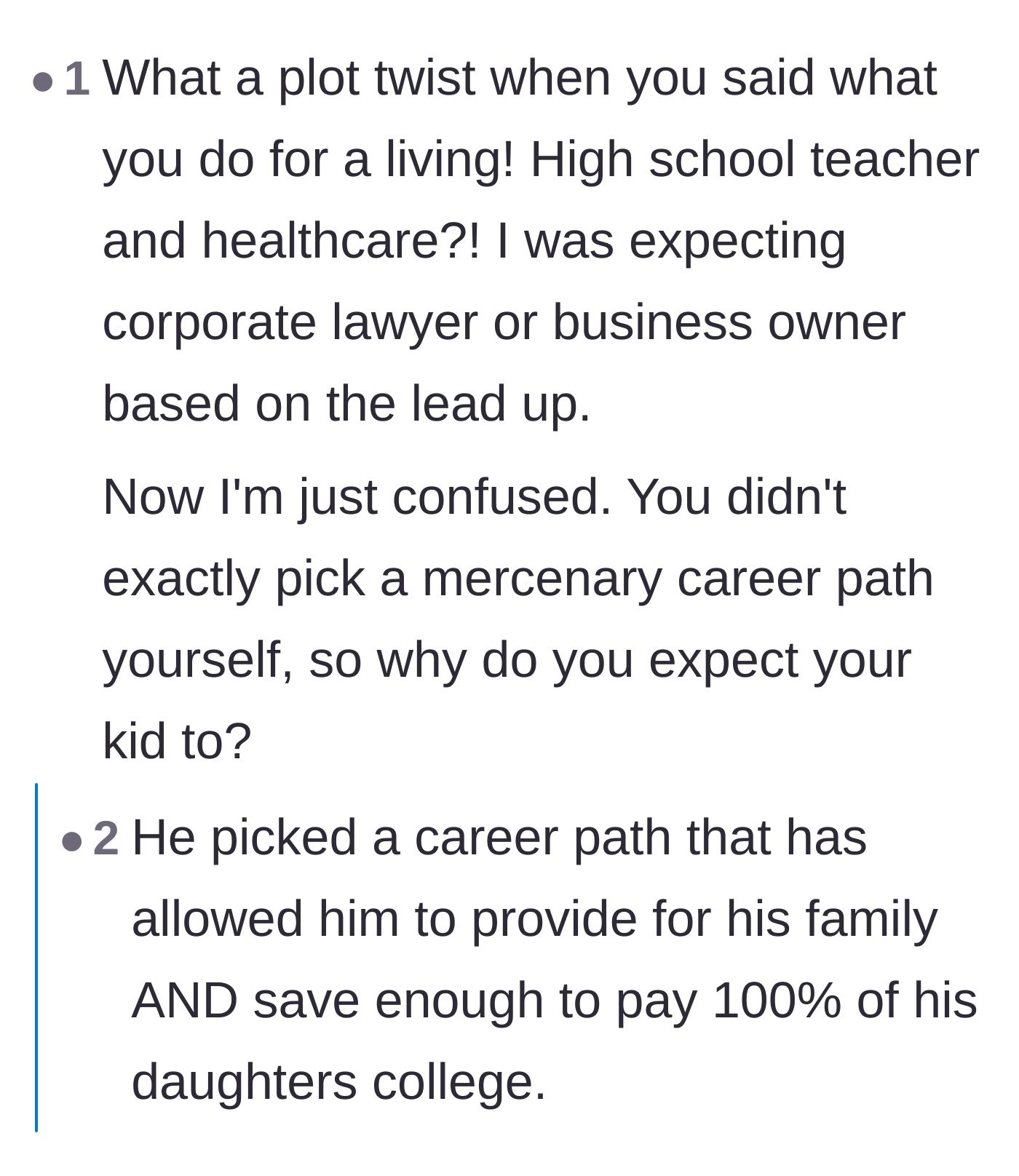 Comment thread 1 - Readers call out the dad's secret three million dollar inheritance and accuse him of hypocrisy.