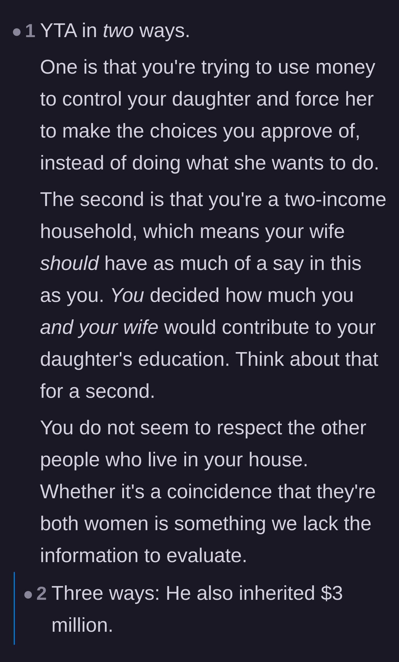 Comment thread 3 - Commenters accuse the dad of using his wealth to control and manipulate his daughter's life choices.