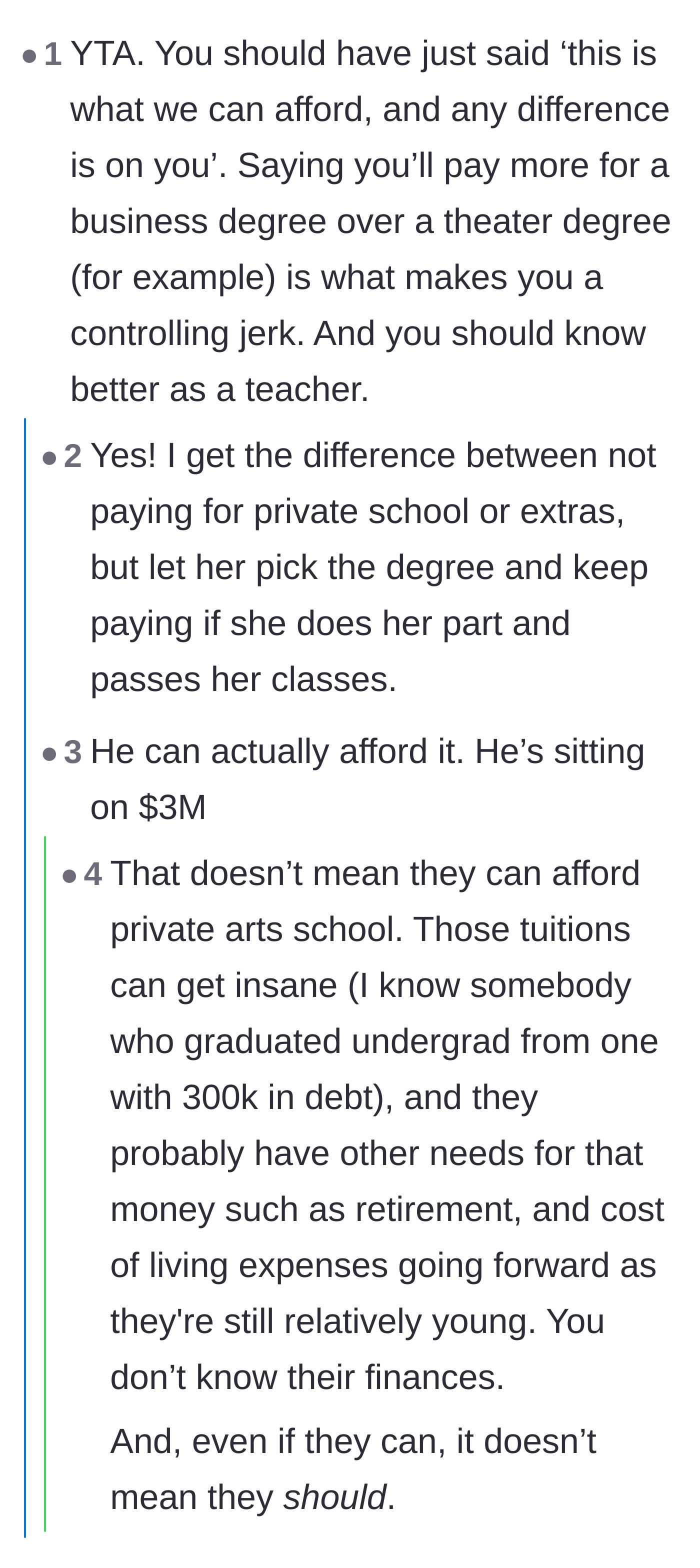 Comment thread 5 - A user suggests the dad should have just given a flat budget instead of dictating her major.