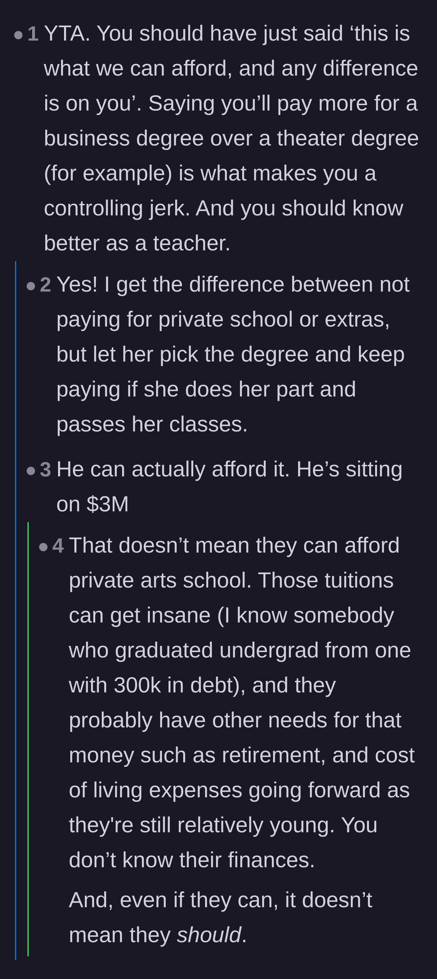 Comment thread 5 - A user suggests the dad should have just given a flat budget instead of dictating her major.