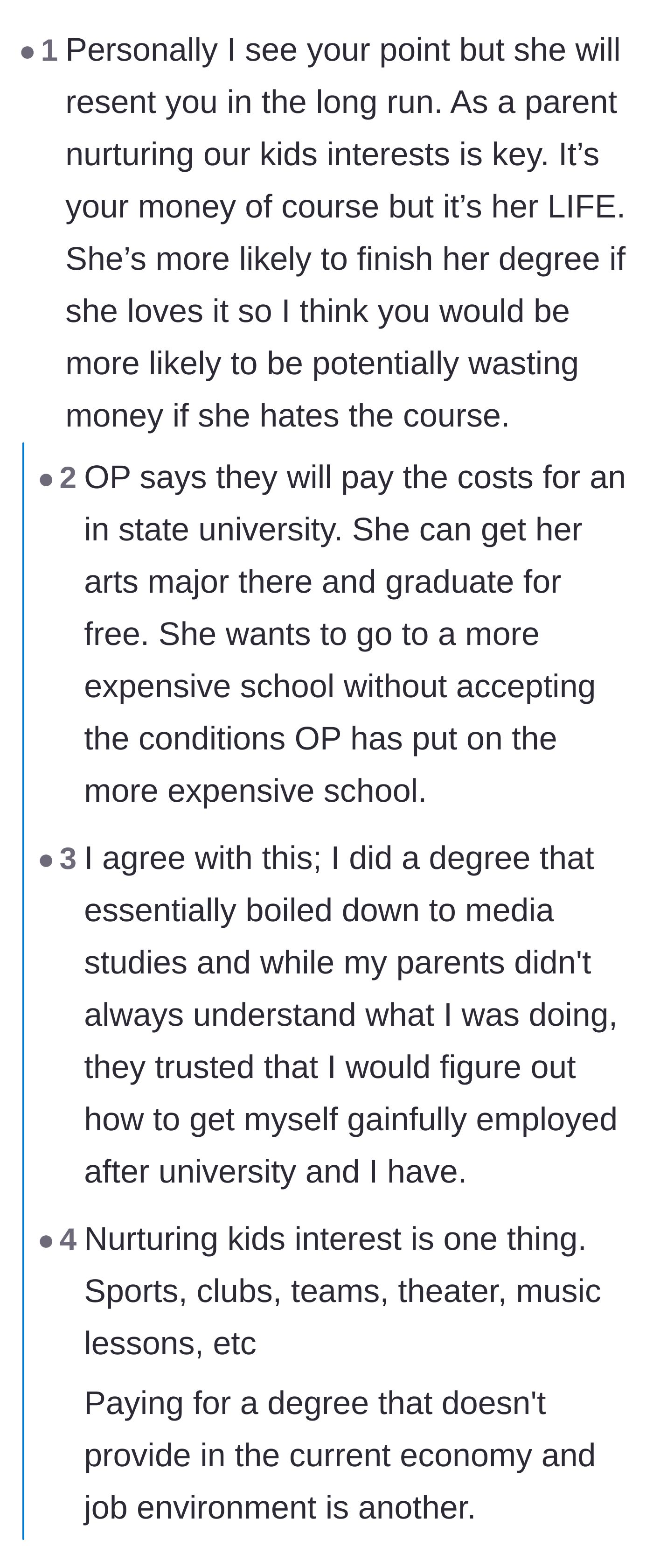 Comment thread 6 - Readers argue over whether the daughter will resent her dad or if she should just accept the free in-state tuition.