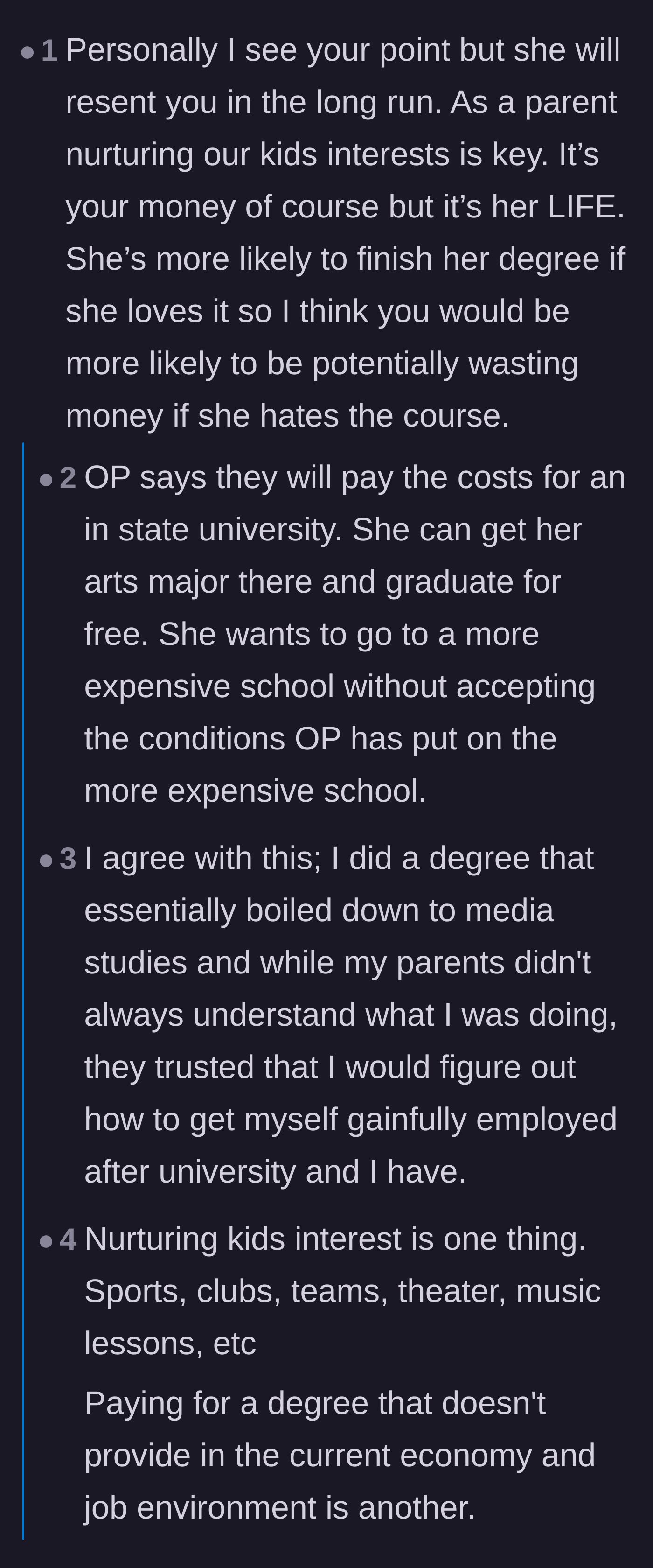 Comment thread 6 - Readers argue over whether the daughter will resent her dad or if she should just accept the free in-state tuition.