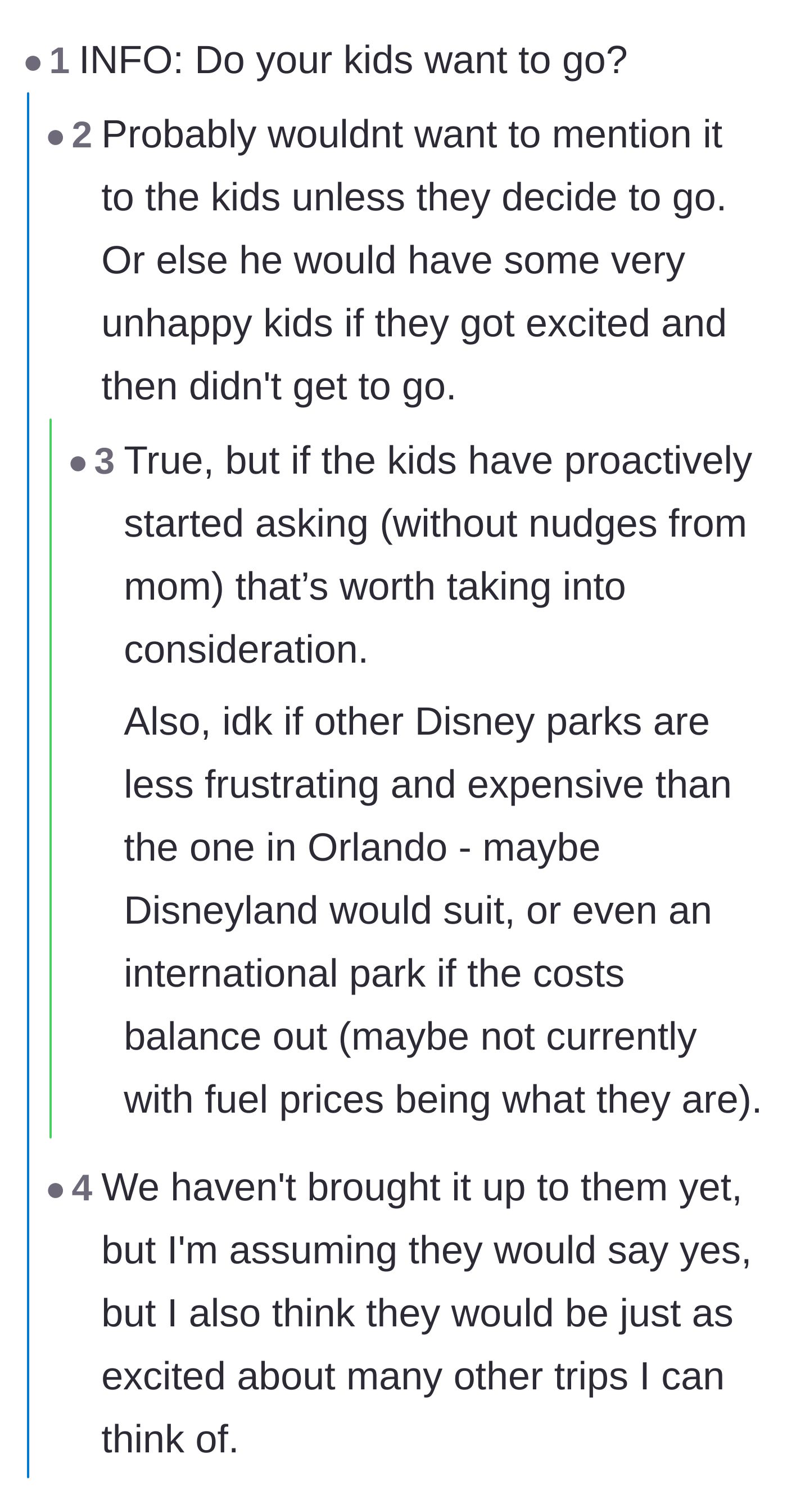 Comment thread 2 - Commenters discussing if the kids even want to go, and sharing much cheaper alternative vacations like National Parks and Europe.