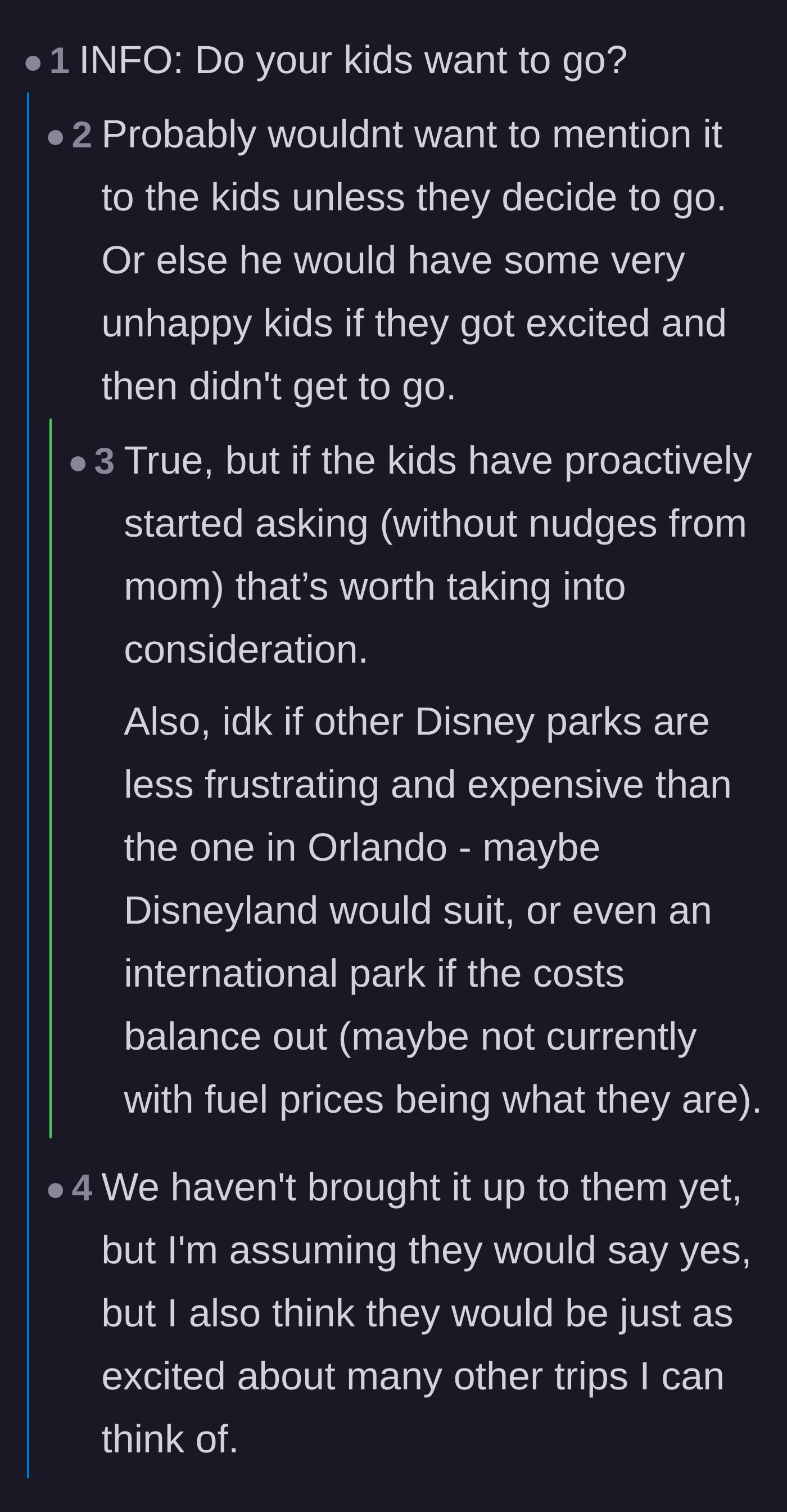 Comment thread 2 - Commenters discussing if the kids even want to go, and sharing much cheaper alternative vacations like National Parks and Europe.