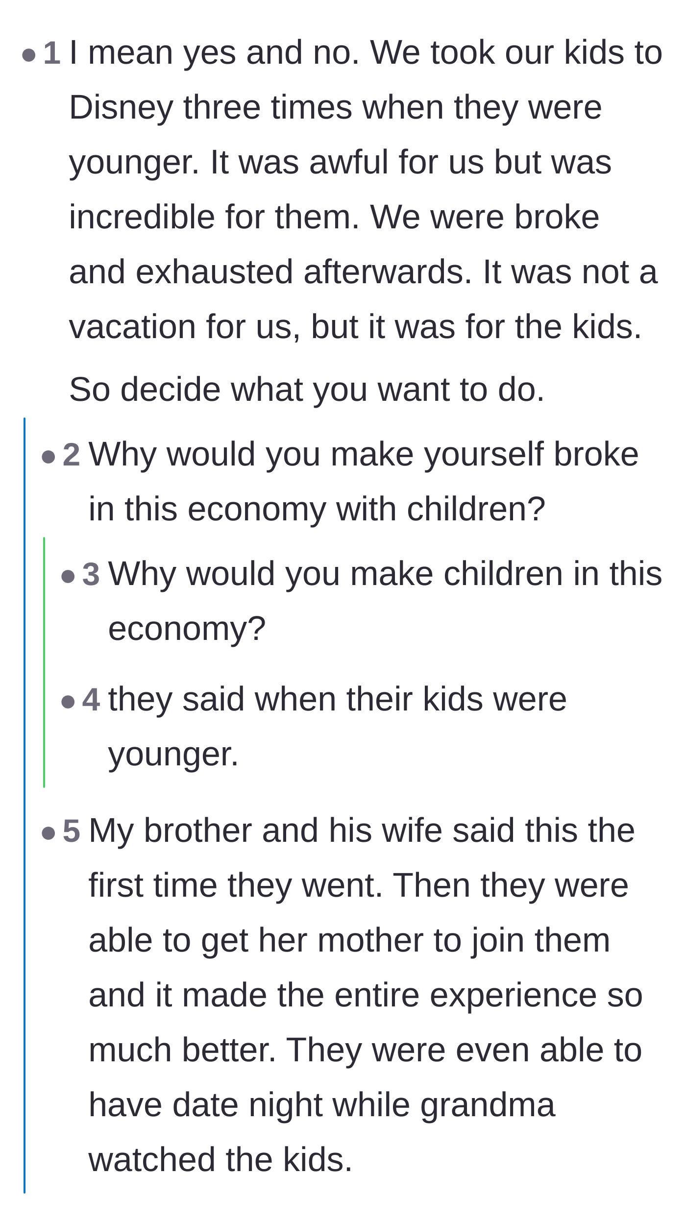 Comment thread 3 - A discussion about how the trip is a miserable sacrifice for the parents but magical for the kids, and questioning the financial toll.