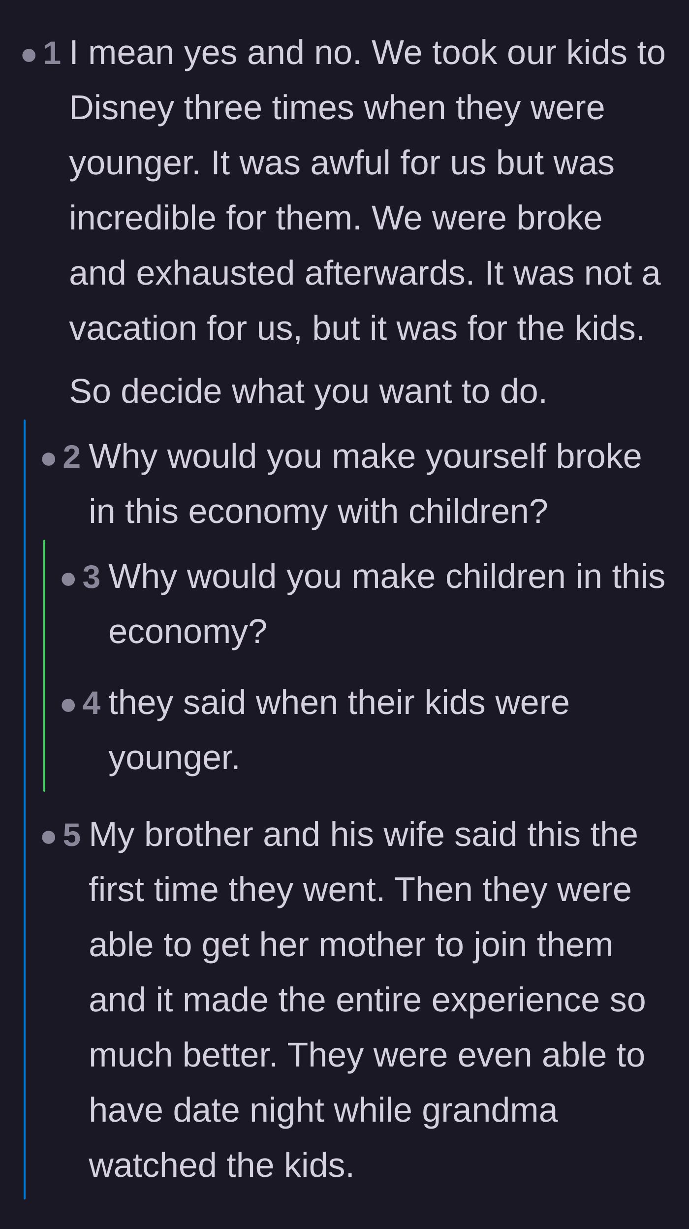Comment thread 3 - A discussion about how the trip is a miserable sacrifice for the parents but magical for the kids, and questioning the financial toll.