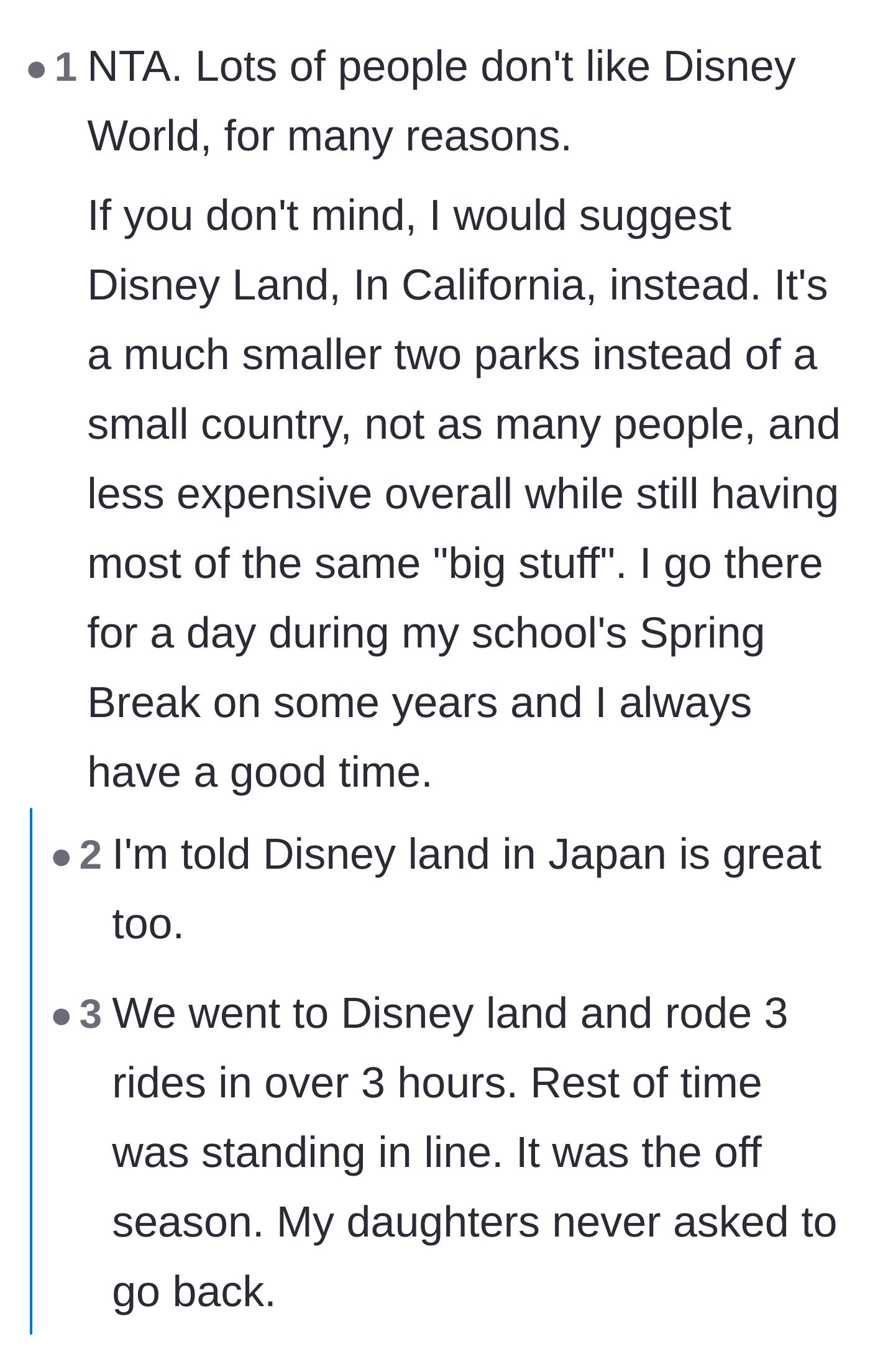 Comment thread 5 - Recommending Disneyland in California as a smaller alternative, though replies argue it is just as crowded and expensive.
