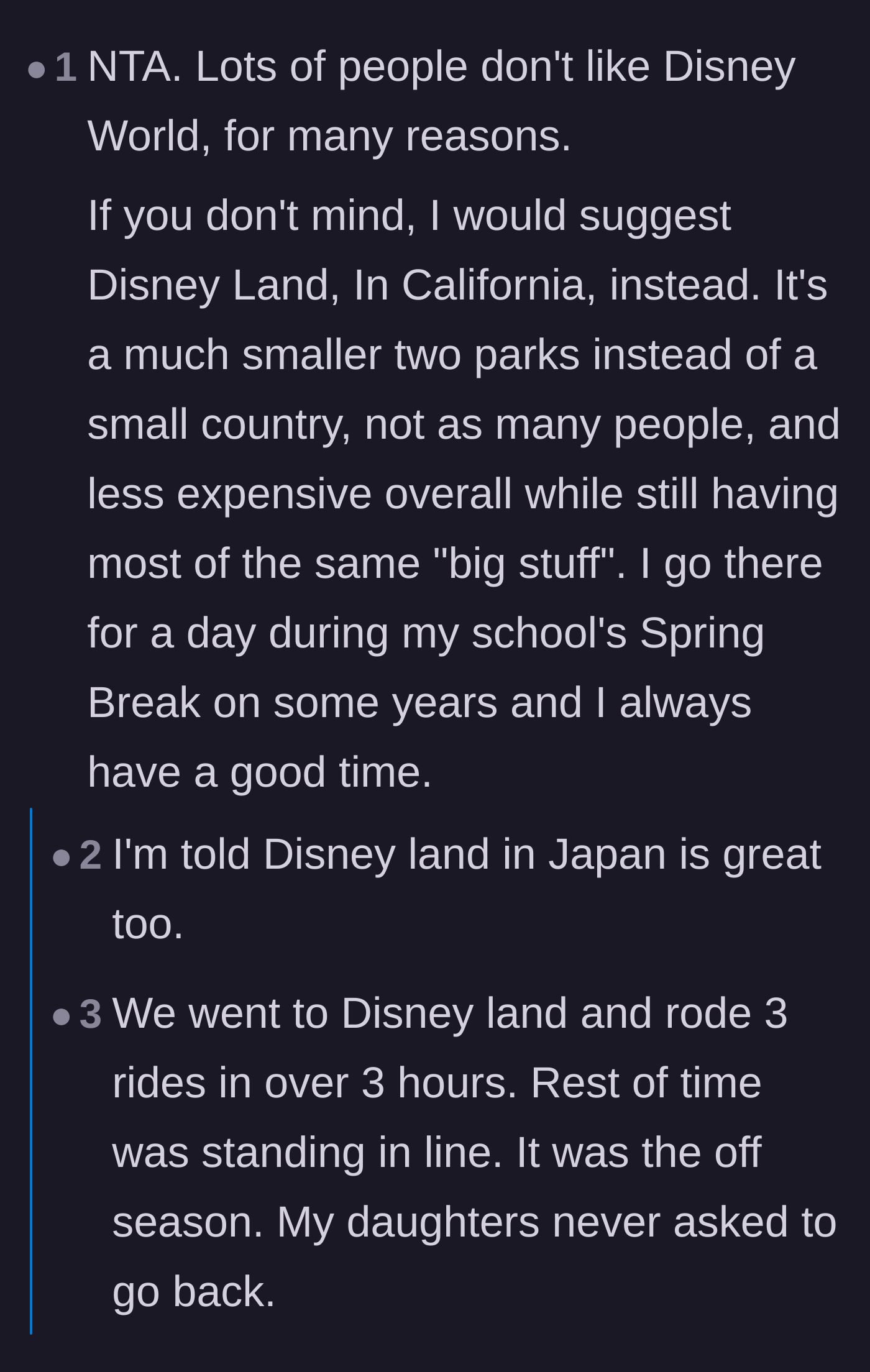 Comment thread 5 - Recommending Disneyland in California as a smaller alternative, though replies argue it is just as crowded and expensive.