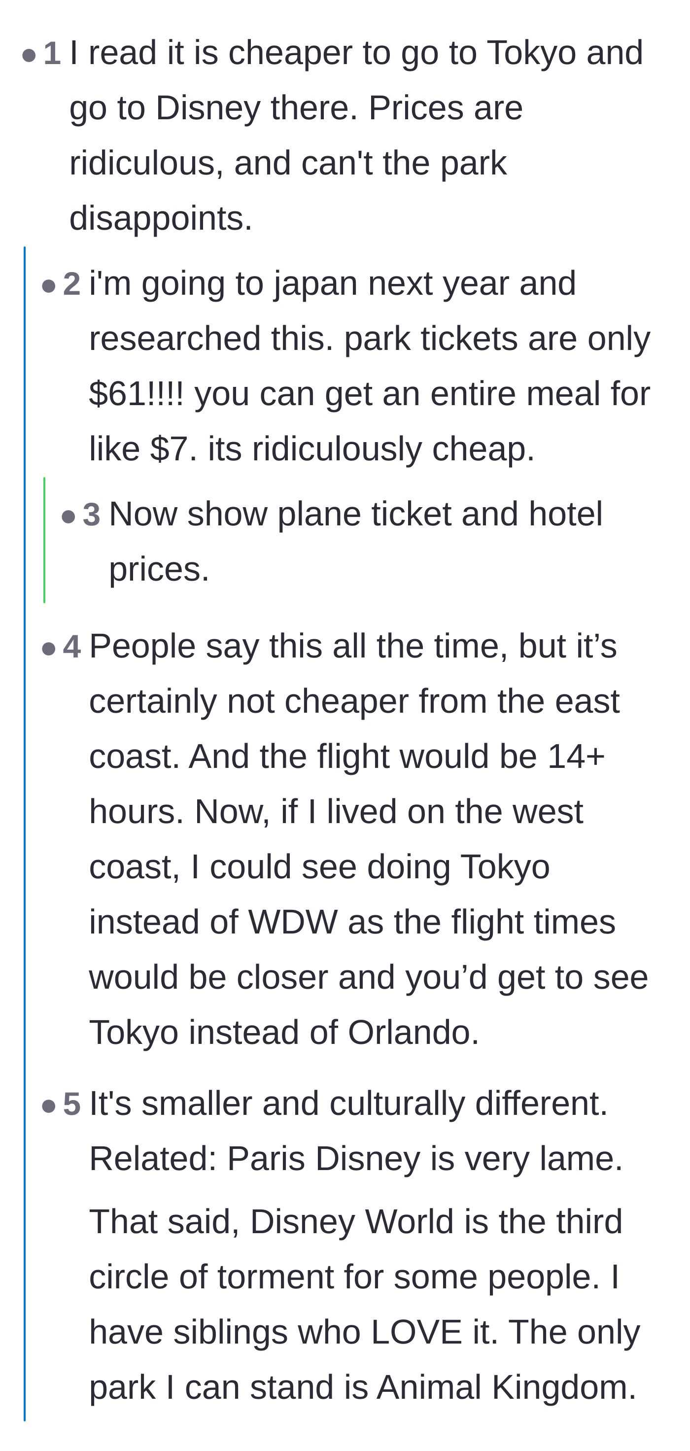Comment thread 6 - A heated debate over whether flying all the way to Tokyo to go to their Disney park is actually cheaper than traveling to Florida.