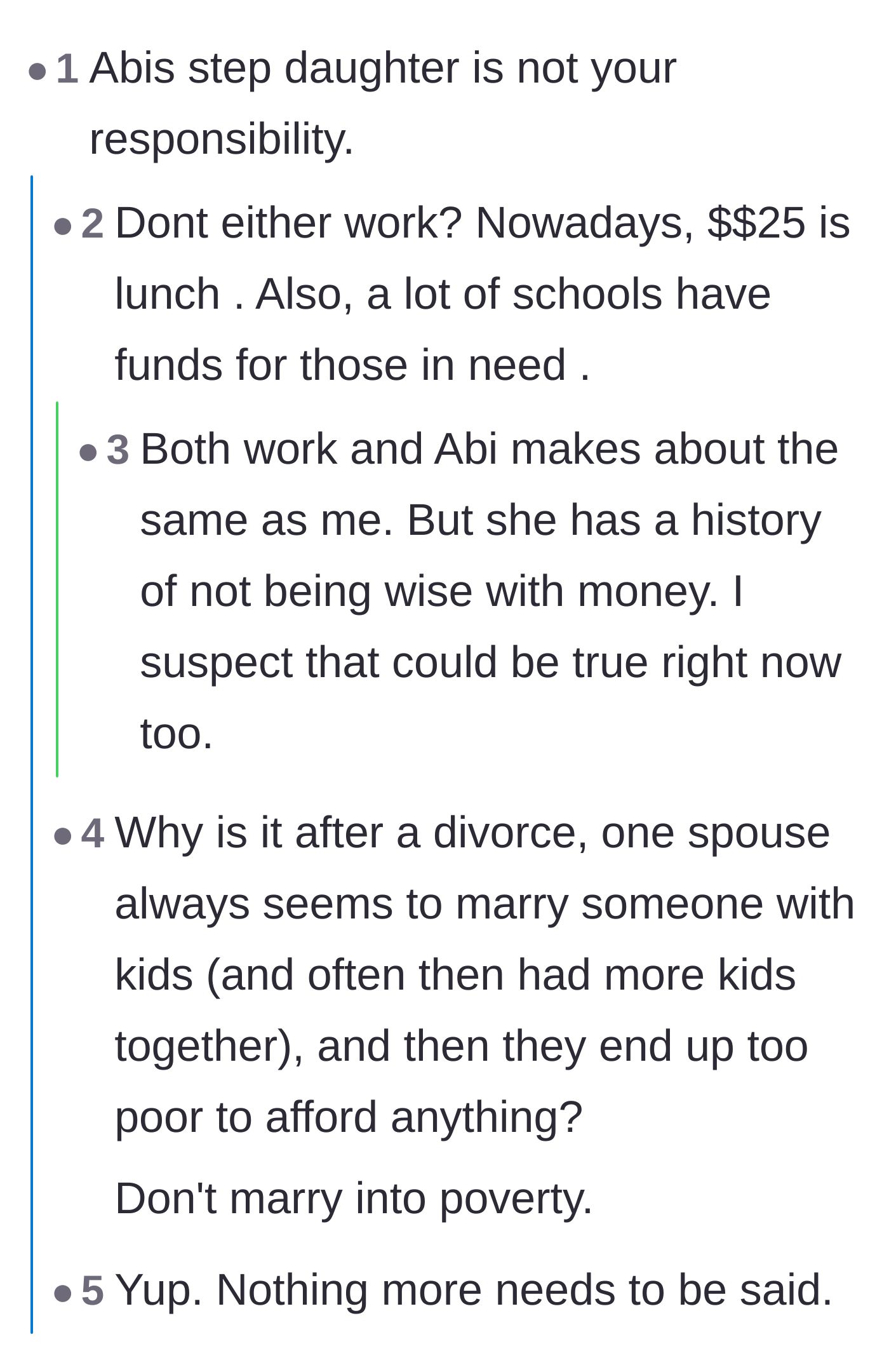 Comment thread 1 - Commenters discussing the ex's poor financial management and how schools often have funds for kids in need.