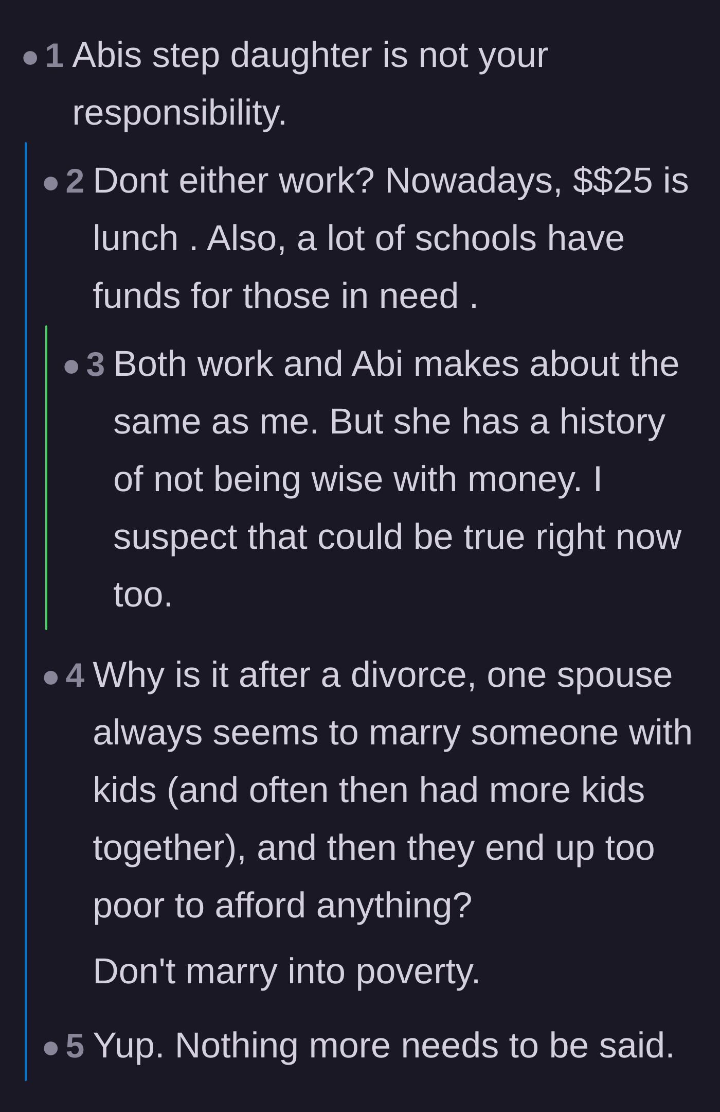 Comment thread 1 - Commenters discussing the ex's poor financial management and how schools often have funds for kids in need.