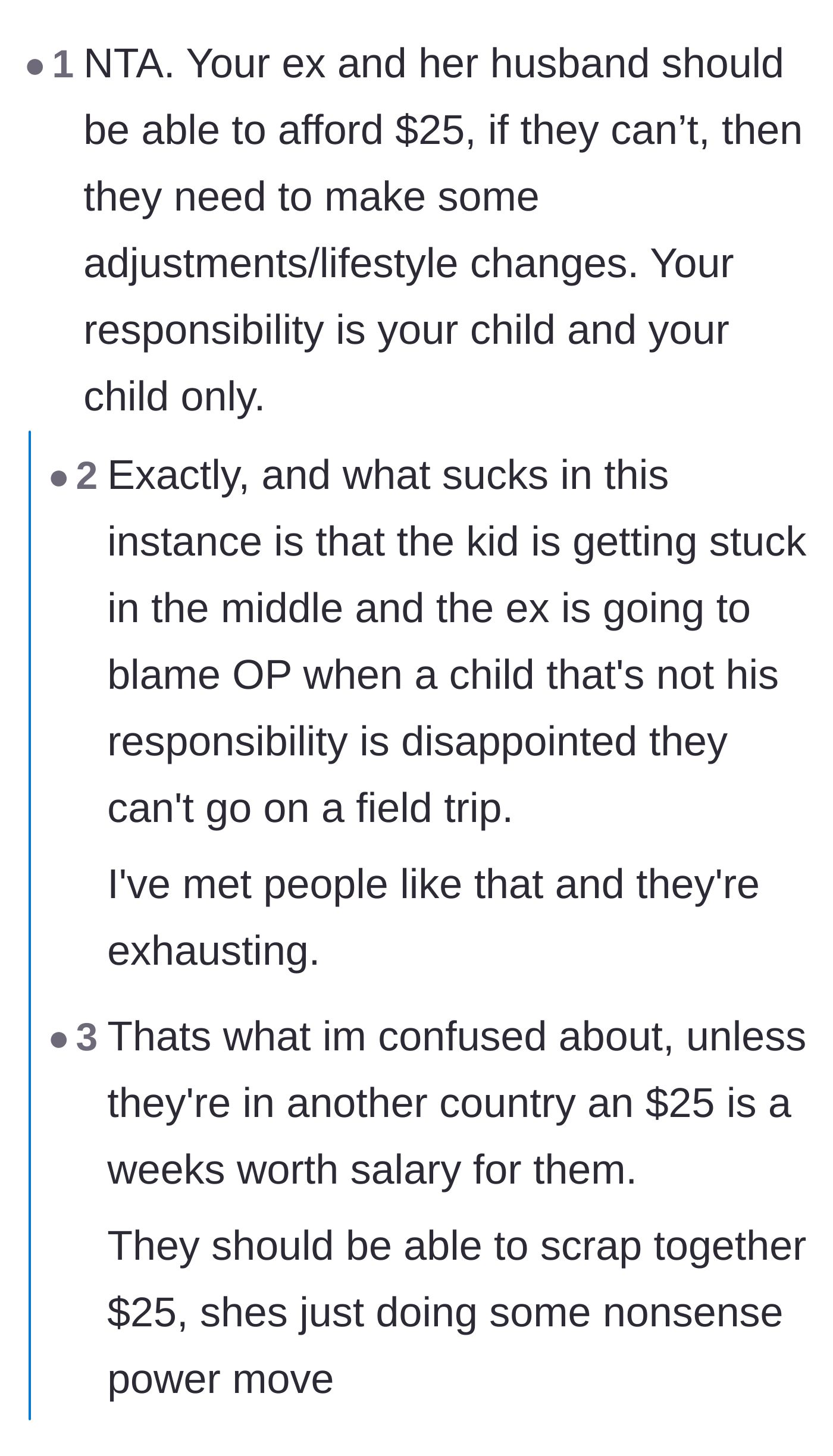 Comment thread 2 - A discussion about the ex and her husband using the child's disappointment as a power play rather than just finding twenty-five dollars.