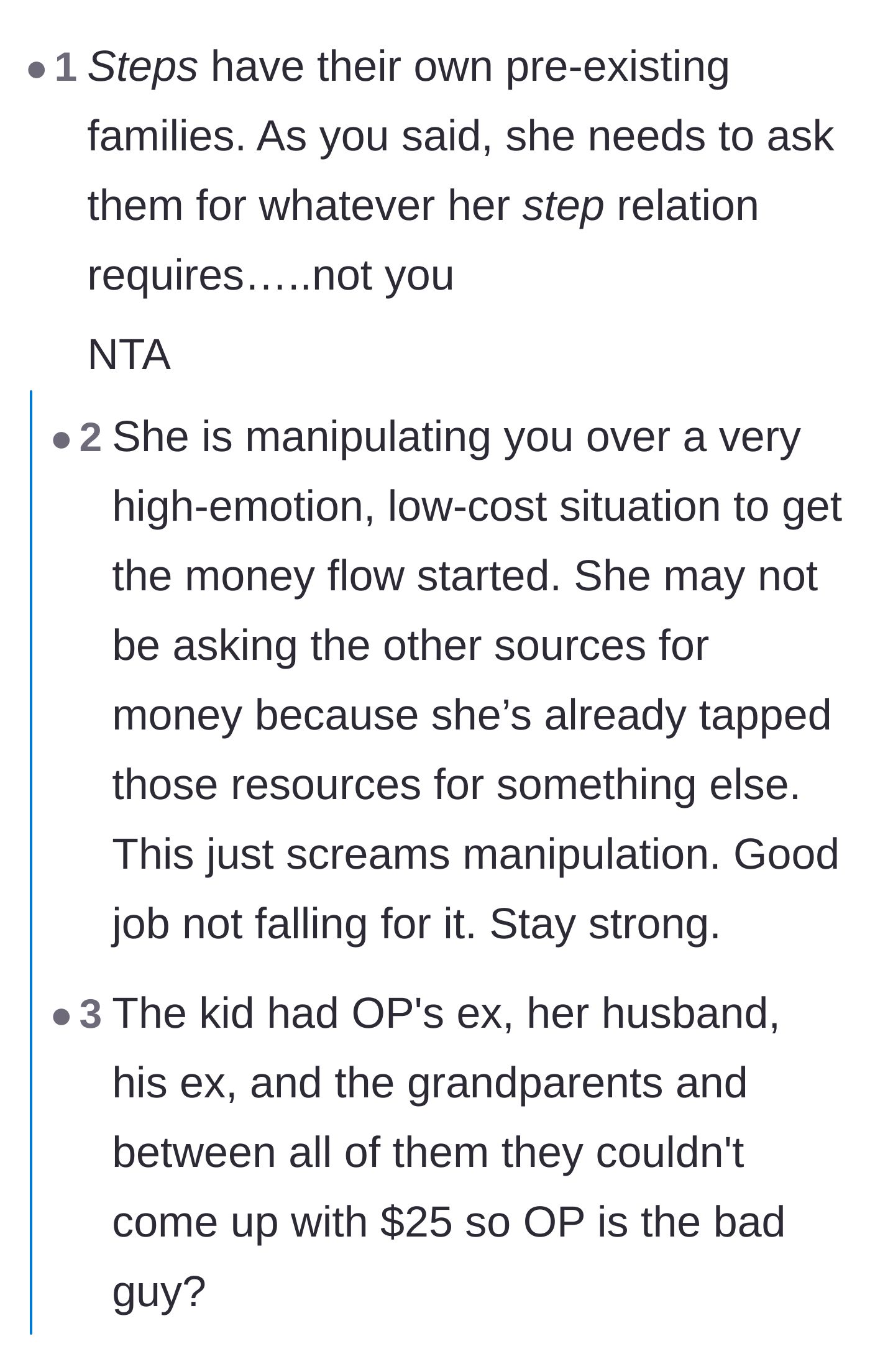 Comment thread 3 - A comment thread pointing out that the stepdaughter has multiple other family members to ask for money, making this a clear manipulation tactic.