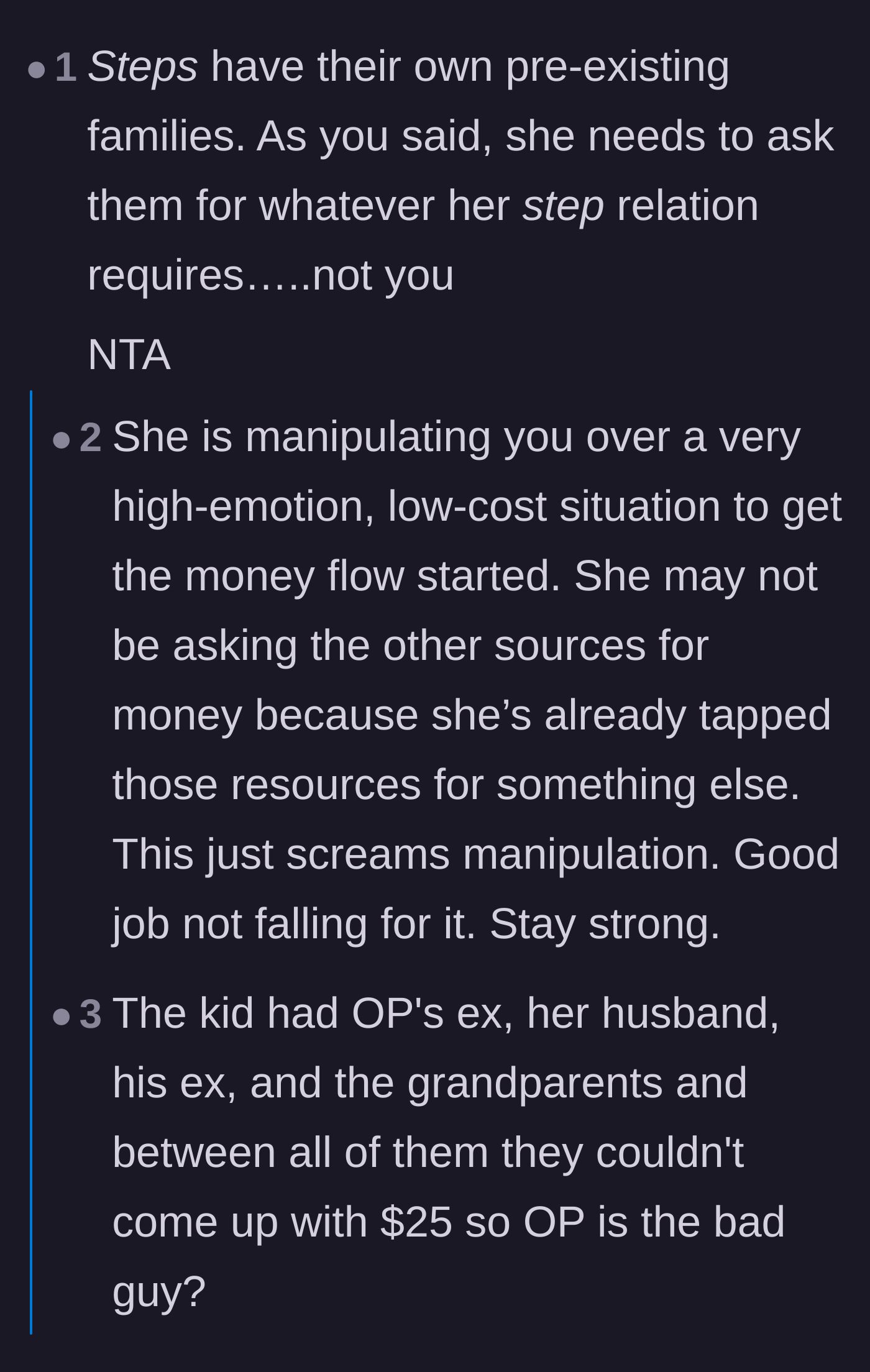 Comment thread 3 - A comment thread pointing out that the stepdaughter has multiple other family members to ask for money, making this a clear manipulation tactic.