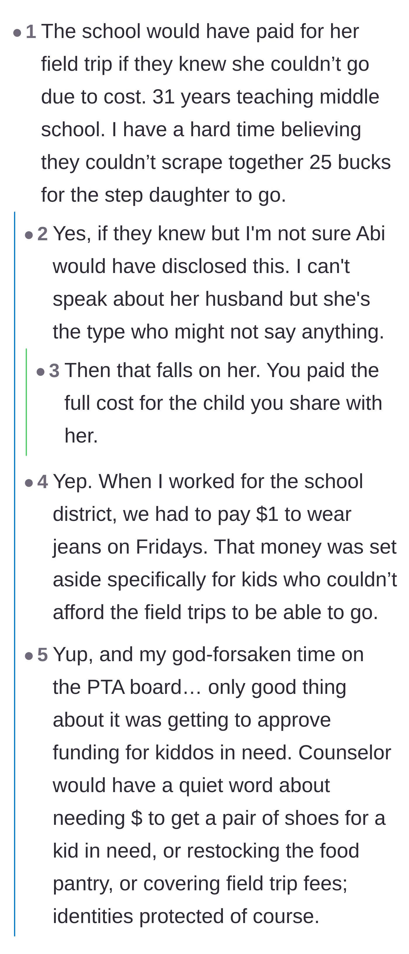 Comment thread 4 - Teachers in the comments explaining that schools have discretionary funds for field trips, meaning the ex likely kept quiet on purpose.