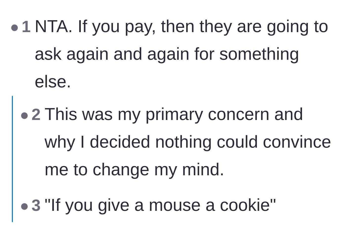 Comment thread 5 - A short thread comparing the ex's financial demands to the children's book 'If You Give a Mouse a Cookie.'
