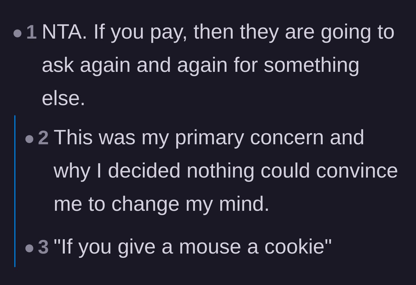 Comment thread 5 - A short thread comparing the ex's financial demands to the children's book 'If You Give a Mouse a Cookie.'