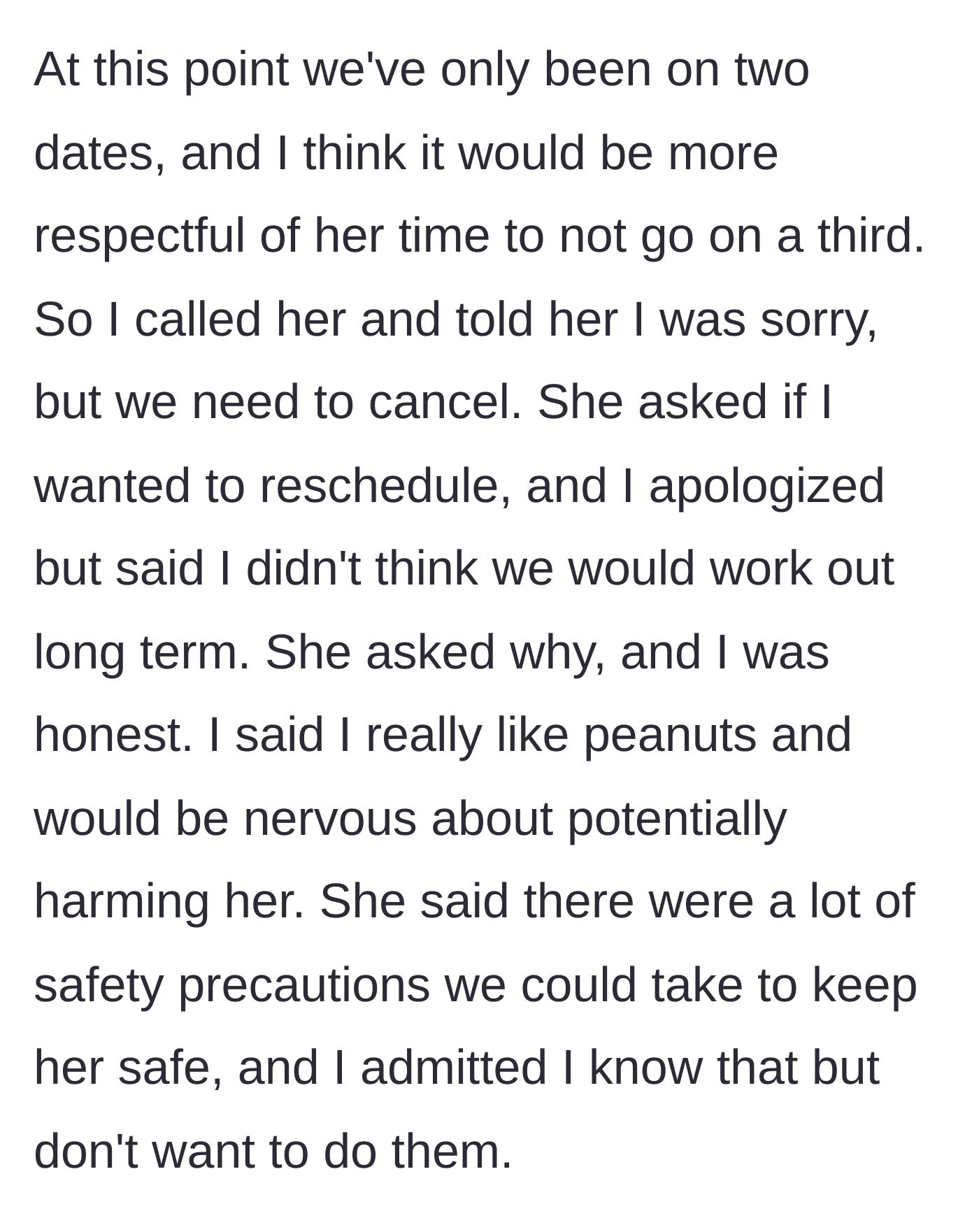 Story part 3 - The phone call cancelling the third date due to a refusal to change peanut-eating habits.