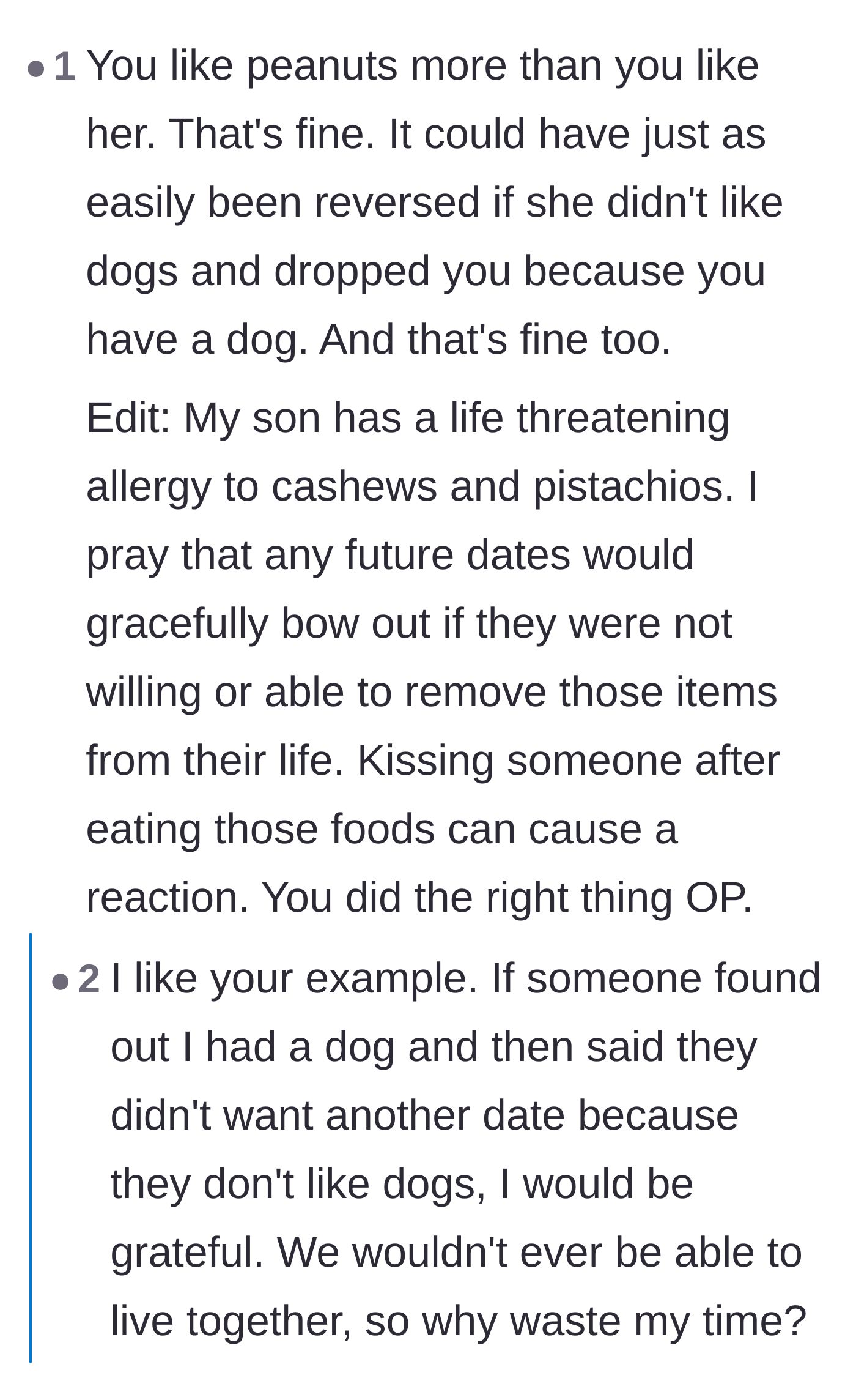 Comment thread 1 - A discussion comparing peanut allergies to pet allergies and prioritizing dogs over new dates.