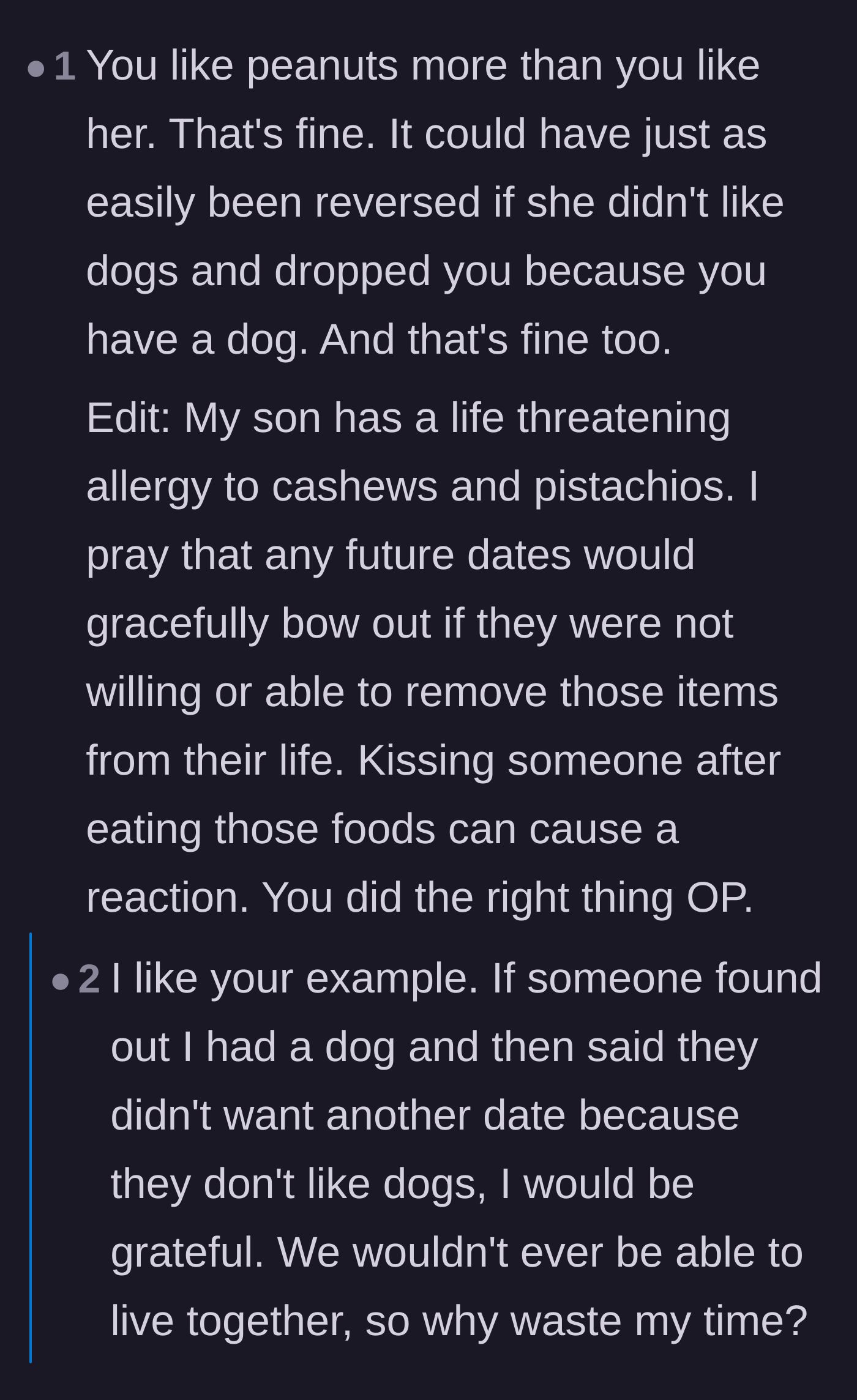 Comment thread 1 - A discussion comparing peanut allergies to pet allergies and prioritizing dogs over new dates.