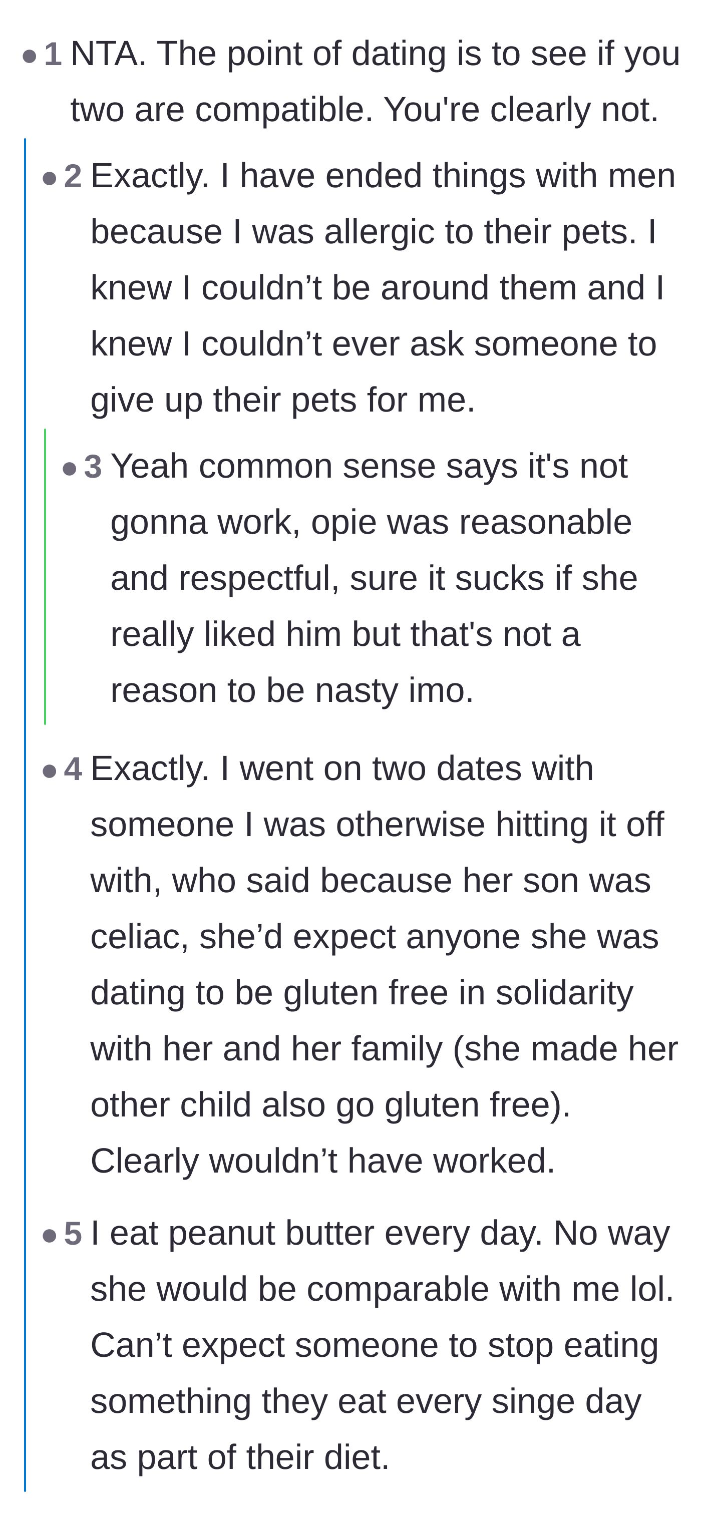 Comment thread 2 - Commenters sharing similar dealbreaker stories about pet allergies and mandatory gluten-free diets.